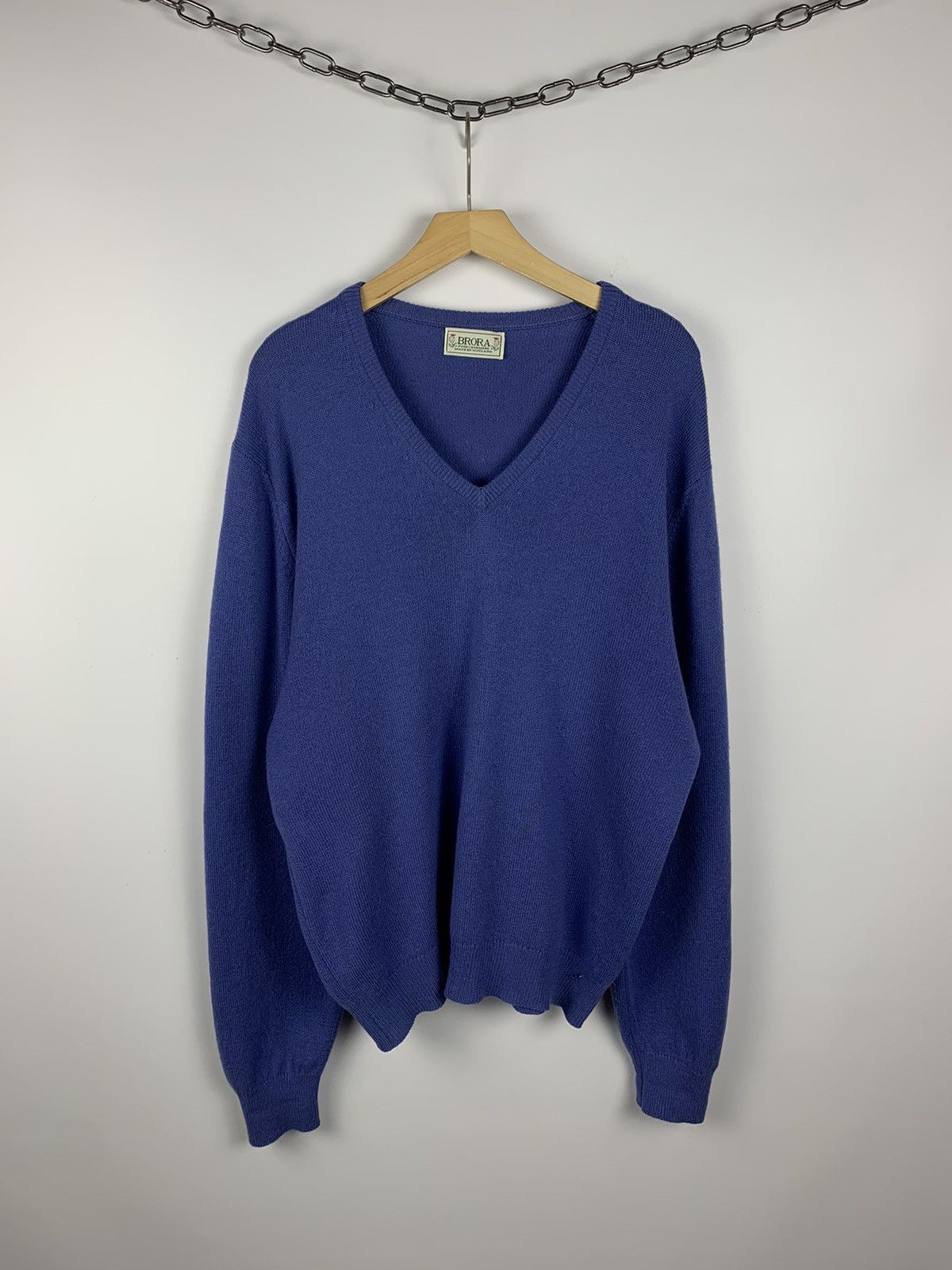 Vintage Brora Cashmere Sweater V-Neck Blue Men's Size 42