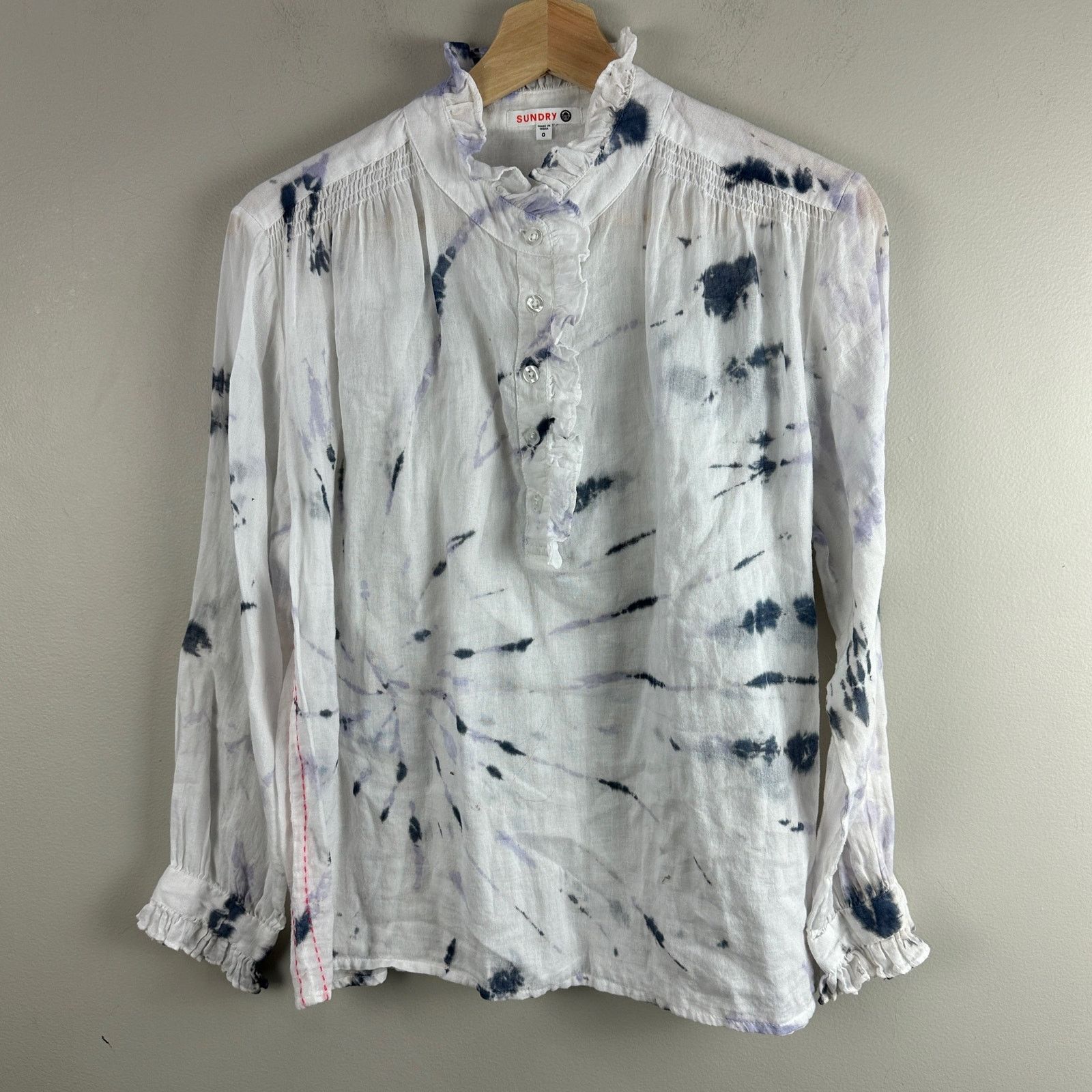Sundry Sundry Tie Dye Ruffle Button Popover Top Shirt Blouse 0 XS Size XS / US 0-2 / IT 36-38 - 2 Thumbnail