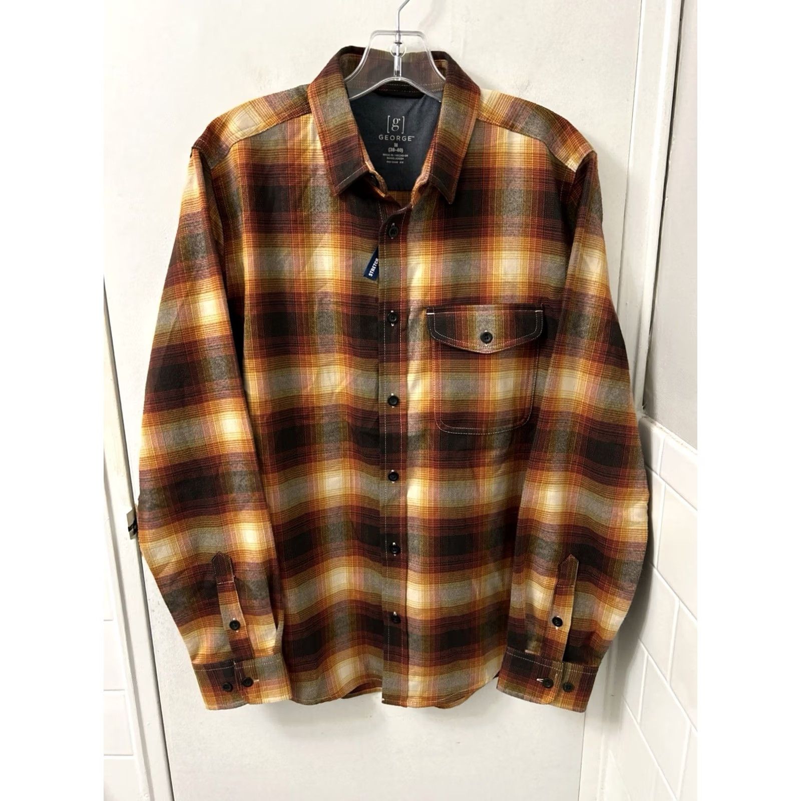 George George Mens Button-Up Shirt L/S Plaid Brown Stretch NWT Size US M / EU 48-50 / 2 - 2 Thumbnail