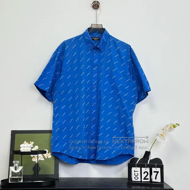 Balenciaga Blue Barrage Full Print Logo Short Sleeve Shirt