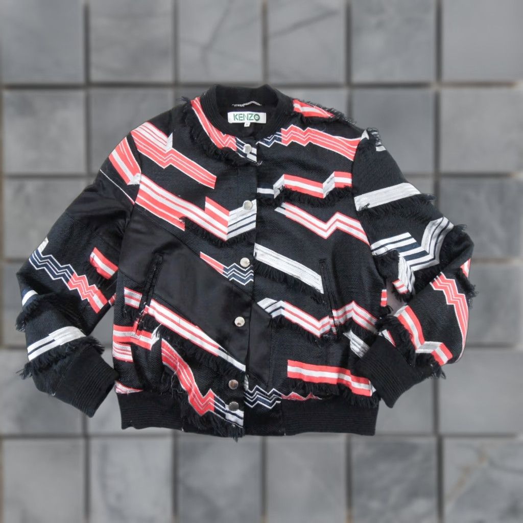 KENZO Jacket Men Adult 36 Black Bomber Geometric Frayed Stand-Up Collar Button Closure Streetwear Casual Urban
