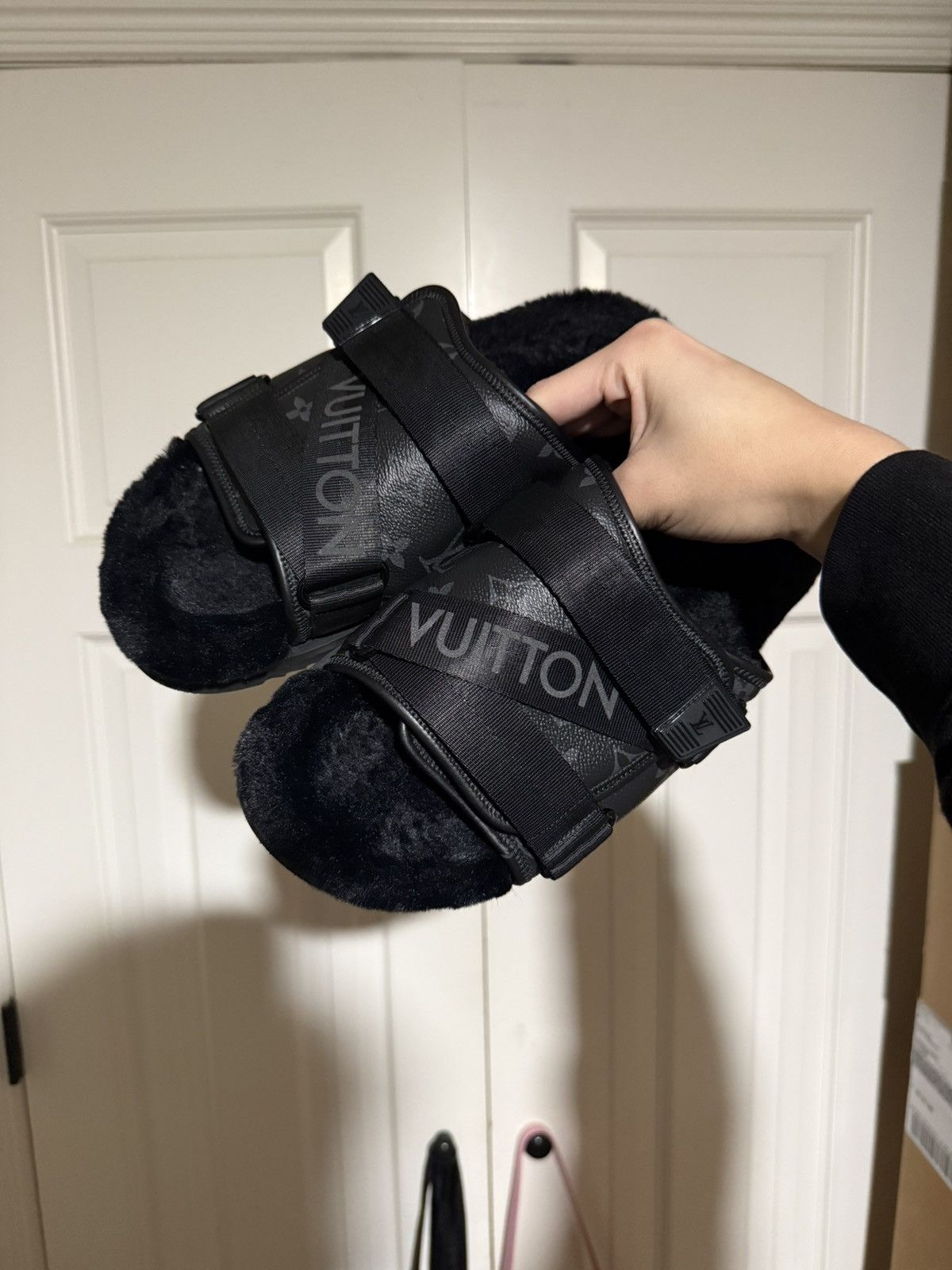 Louis Vuitton Strapped Black Fur Mules