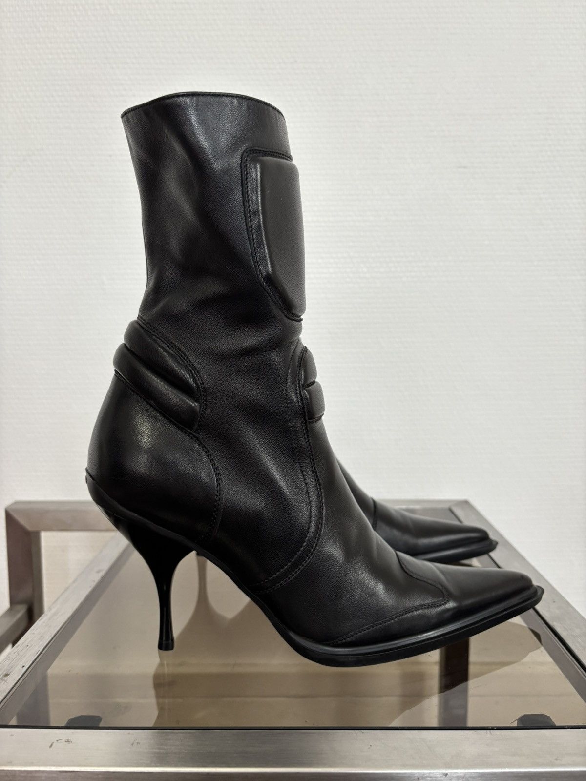 Miu Miu 00’s Vintage Miu Miu Black Padded Leather Biker Heel Boots Size US 7 / IT 37 - 6 Thumbnail