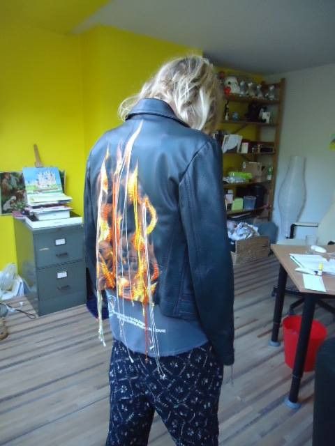 Unique flame embroidered leather Perfecto