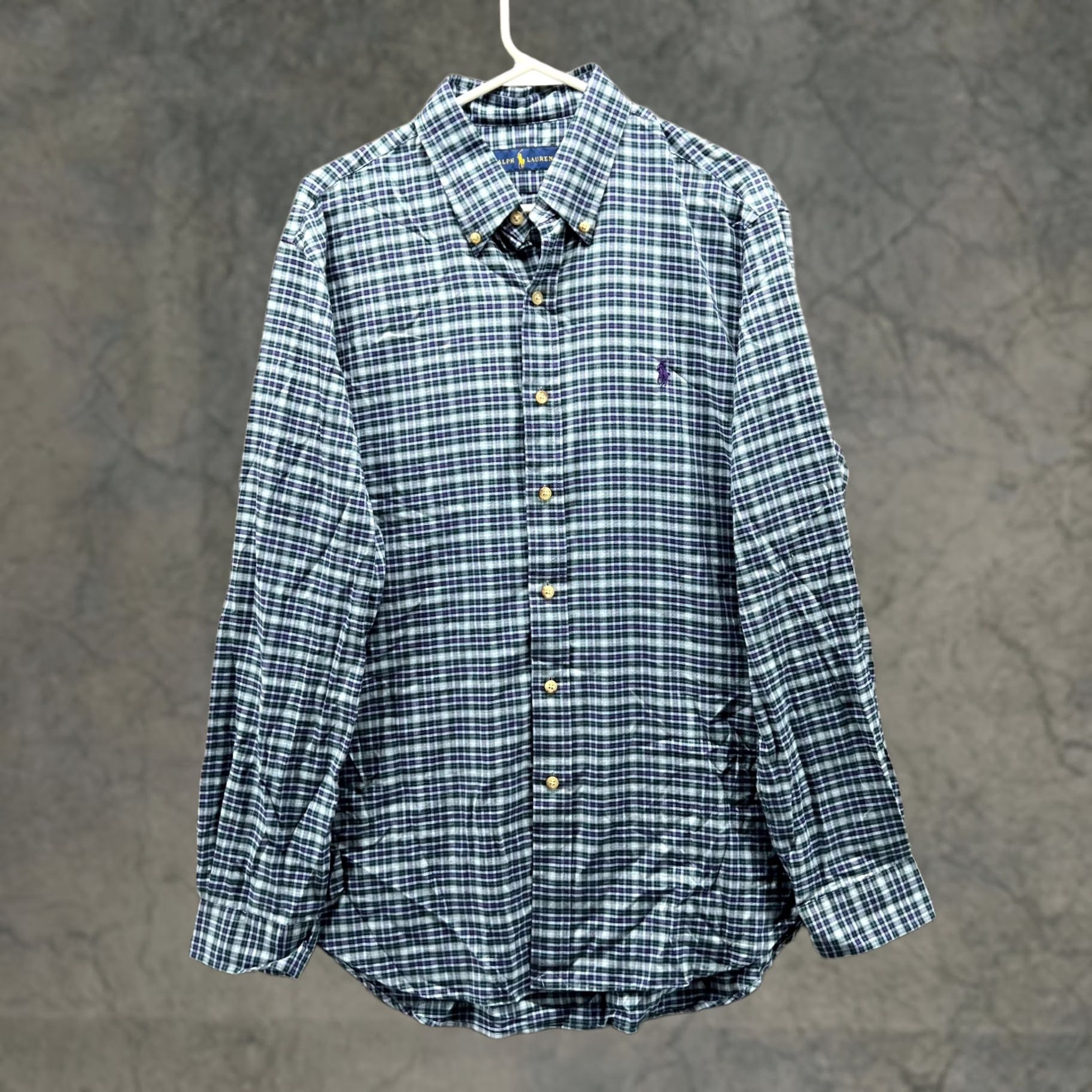 Polo Ralph Lauren VINTAGE Polo Ralph Lauren Shirt Mens Large Blue Button-Down Plaid Pony Shipped Fast Size 42R - 1 Thumbnail