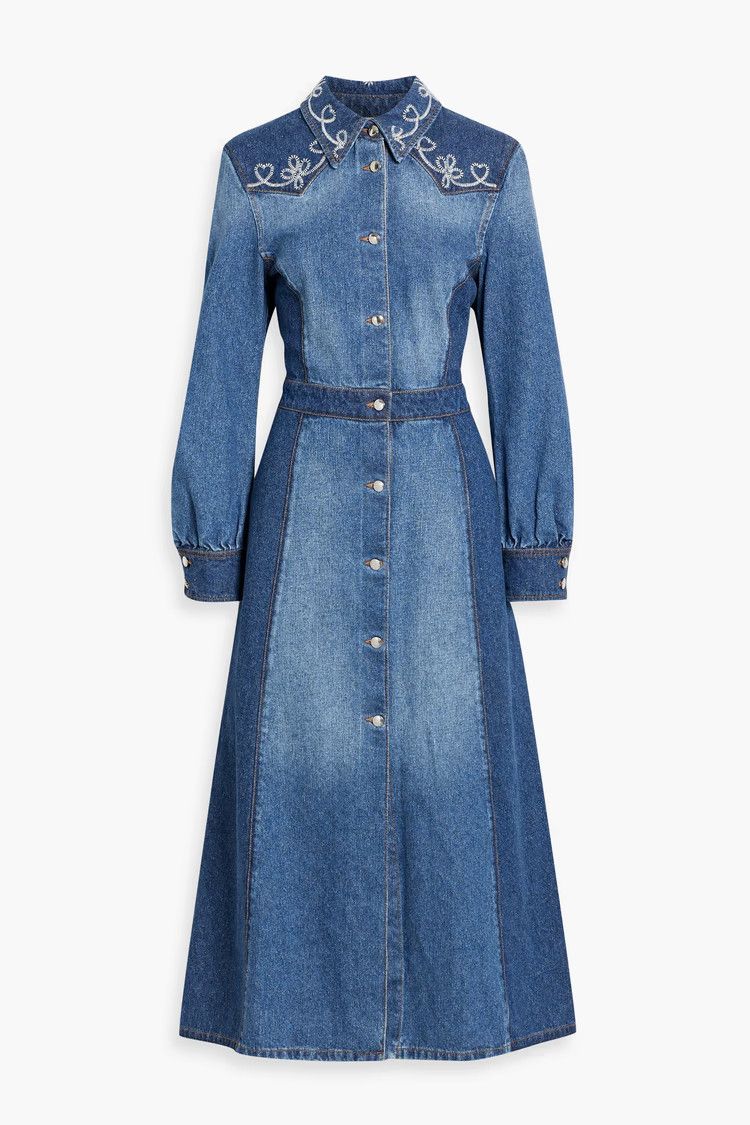 Chloe oc11z0525 Embroidered Two-Tone Denim Midi Shirt Dress Blue Size XL / US 12-14 / IT 48-50 - 1 Thumbnail