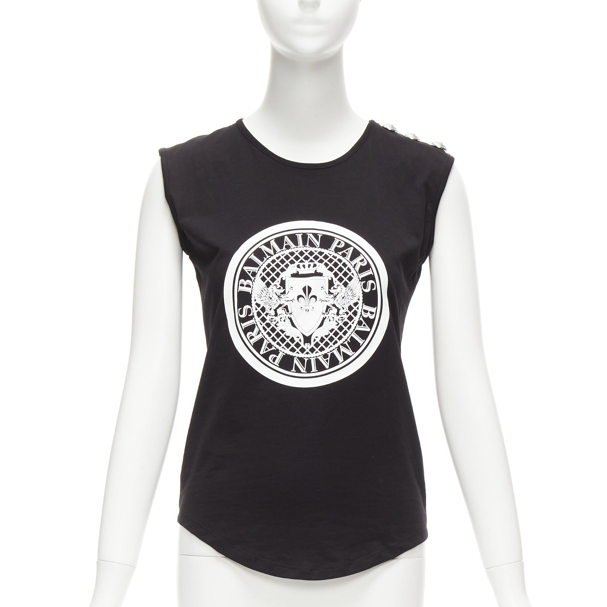 image of Balmain Black Cotton Crest Logo Silver Button Shoulder Tank Top Vest Fr34 Xs, Women's