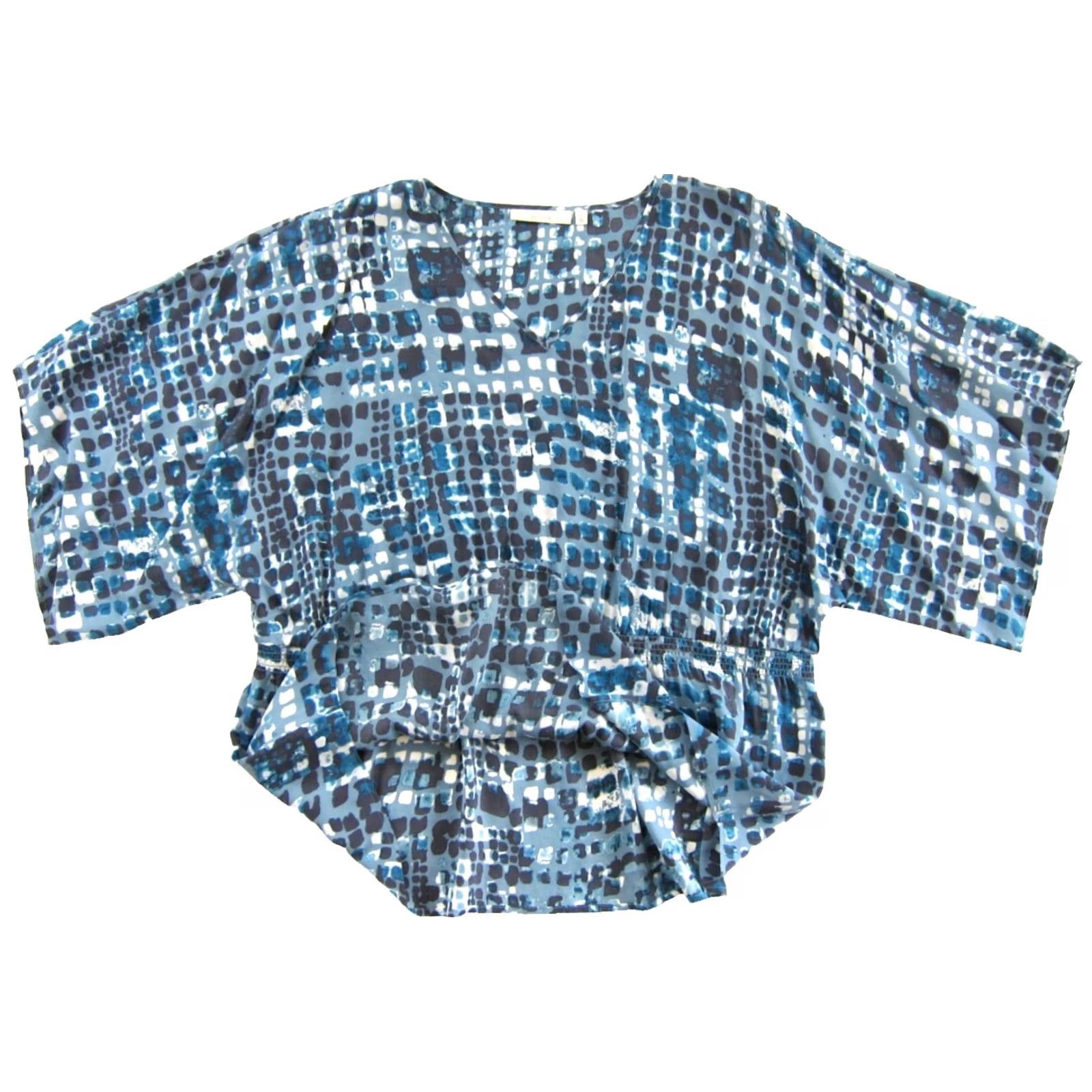 Vintage Sejour Blouse 2X Women V-Neck Boxy Rayon Abstract Blue White Brown Short Sleeve Geometric 90s Classic Casual/Business Size XXL / US 16-18 / IT 52-54 - 4 Thumbnail