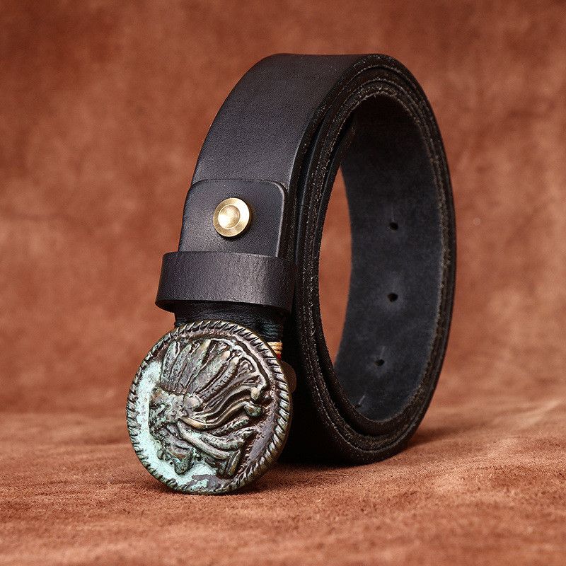 Leather Red Indian Brass Buckle Belt Size ONE SIZE - 1 Thumbnail