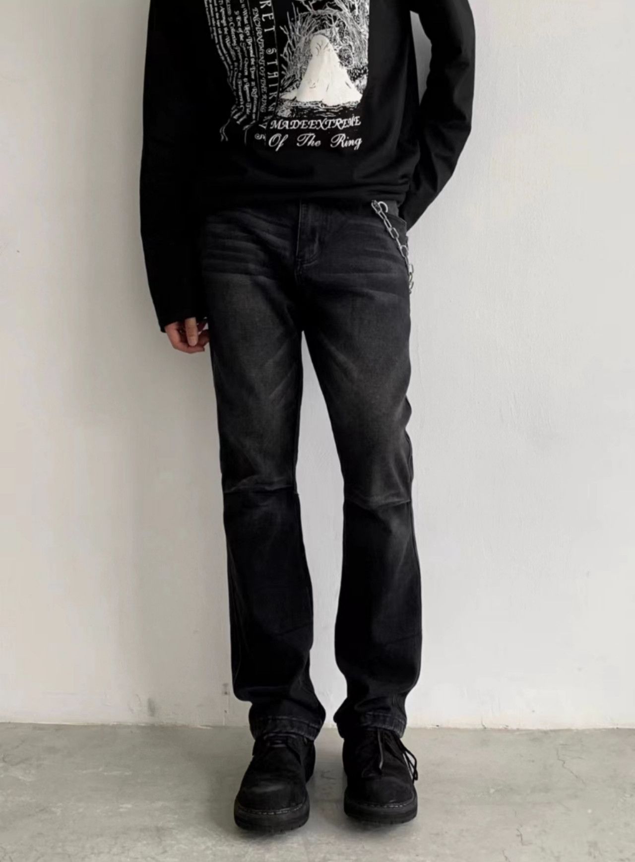 punk washed faded patchwork bootcut jeans