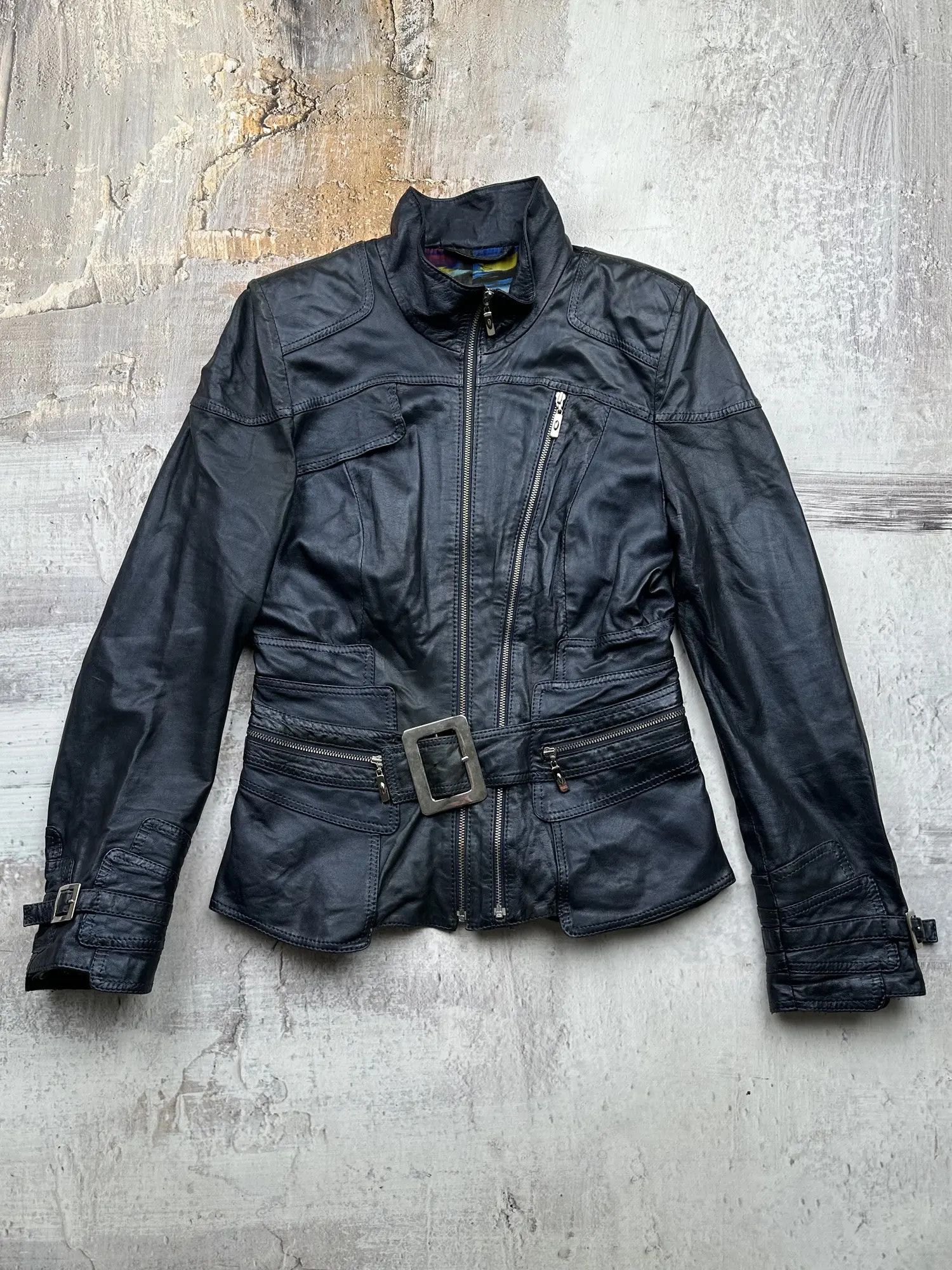image of Genuine Leather x Leather Jacket Vintage Leather Jacket With Zipped And Belted in Blue, Women's (Si