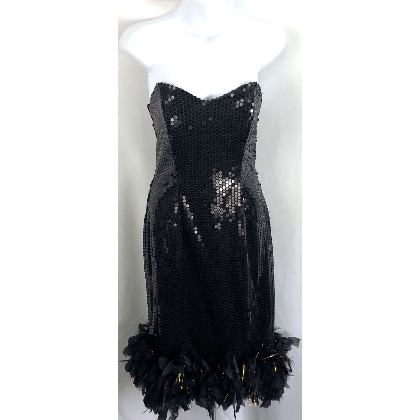 Vintage VINTAGE Strapless Sweetheart Sequin Dress 5/6 Black Gold Feather Hem Prom Party Dress Size S / US 4 / IT 40 - 6 Thumbnail