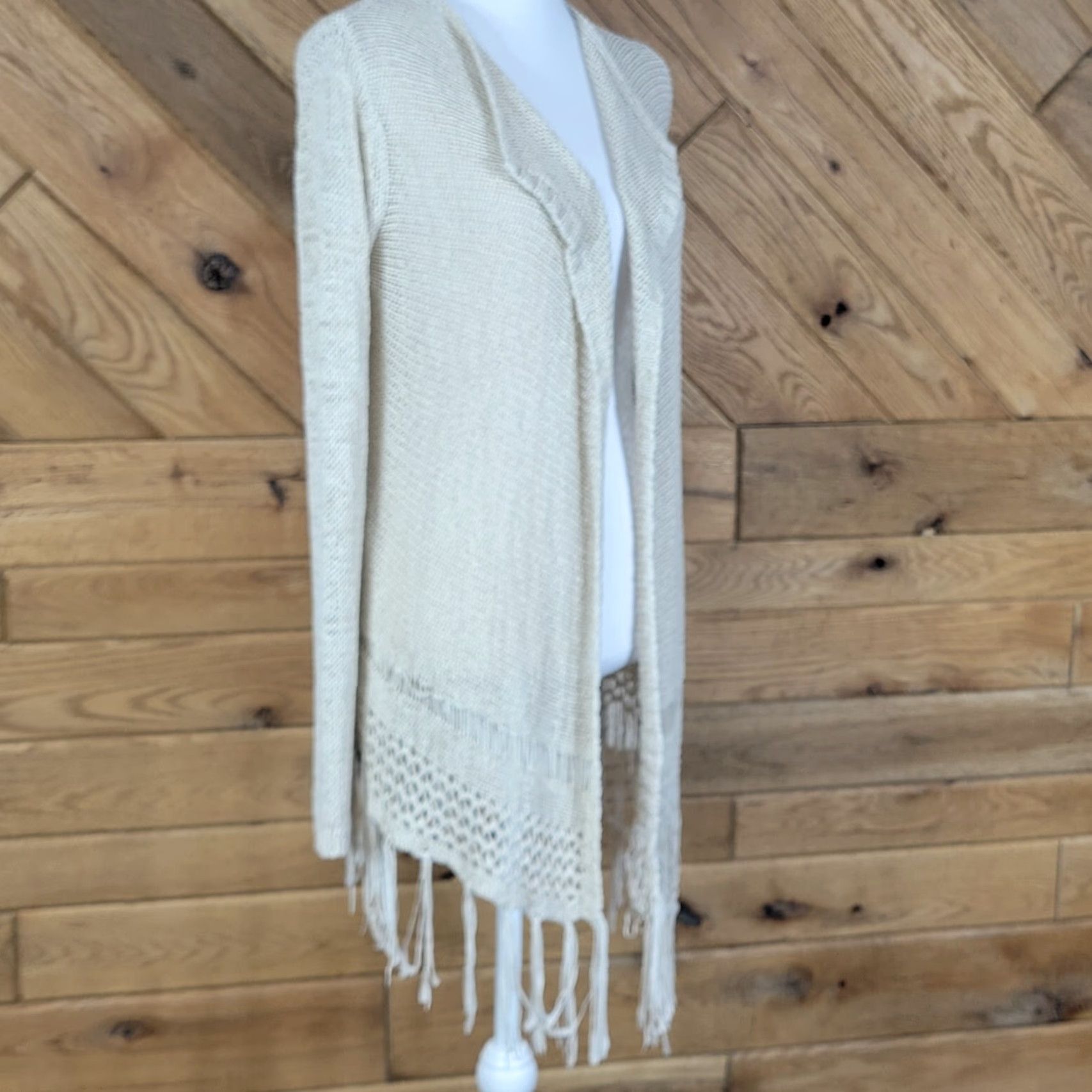 Vintage One Love Womens Top Long Sleeve Fringe Knit Open Cardigan Sweater Beige M Size M / US 6-8 / IT 42-44 - 7 Thumbnail