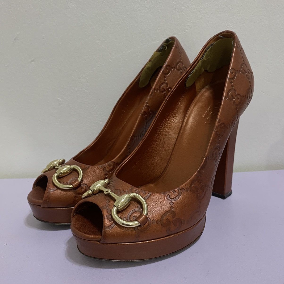 Gucci - Guccissima - Leather - Horsebit - Peep Toe - Heel Shoes in Brown, Women's (Size 5.5)