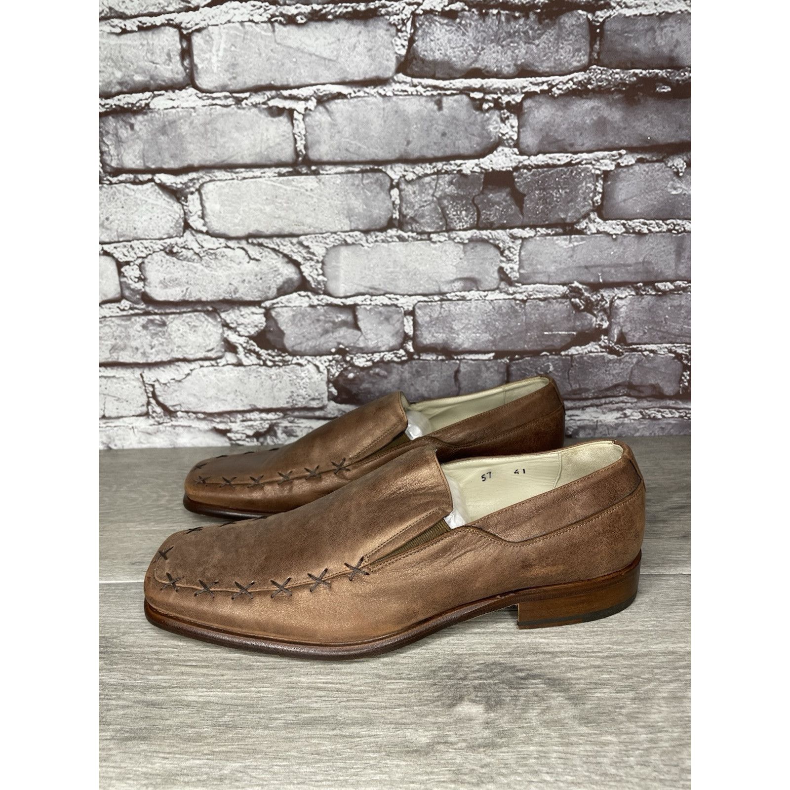 Other Marco Delli Brown Leather Shimmer Square Toe Loafers Dress S Size US 8 / EU 41 - 16 Thumbnail