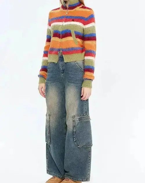 Designer Colorful Striped Zip Cardigan Sweater Size M / US 6-8 / IT 42-44 - 3 Thumbnail