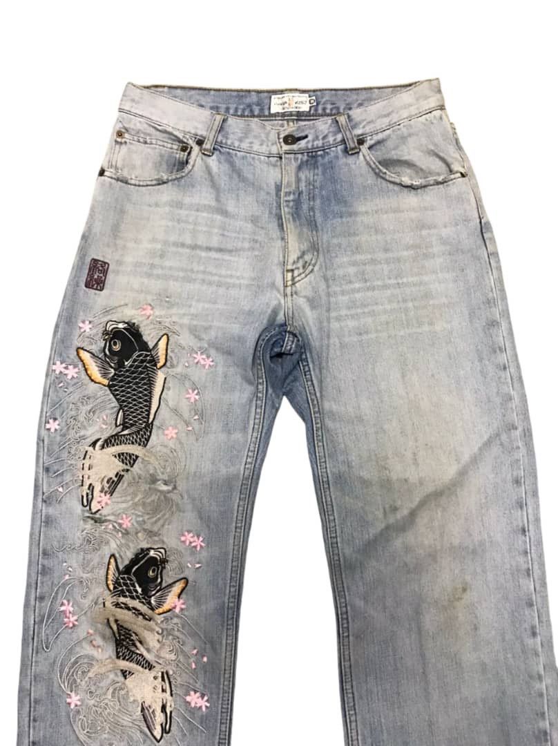 Japanese Brand Vintage KaraKuri Tamashi Koi Fish Embroidery Jeans Size US 32 / EU 48 - 2 Thumbnail