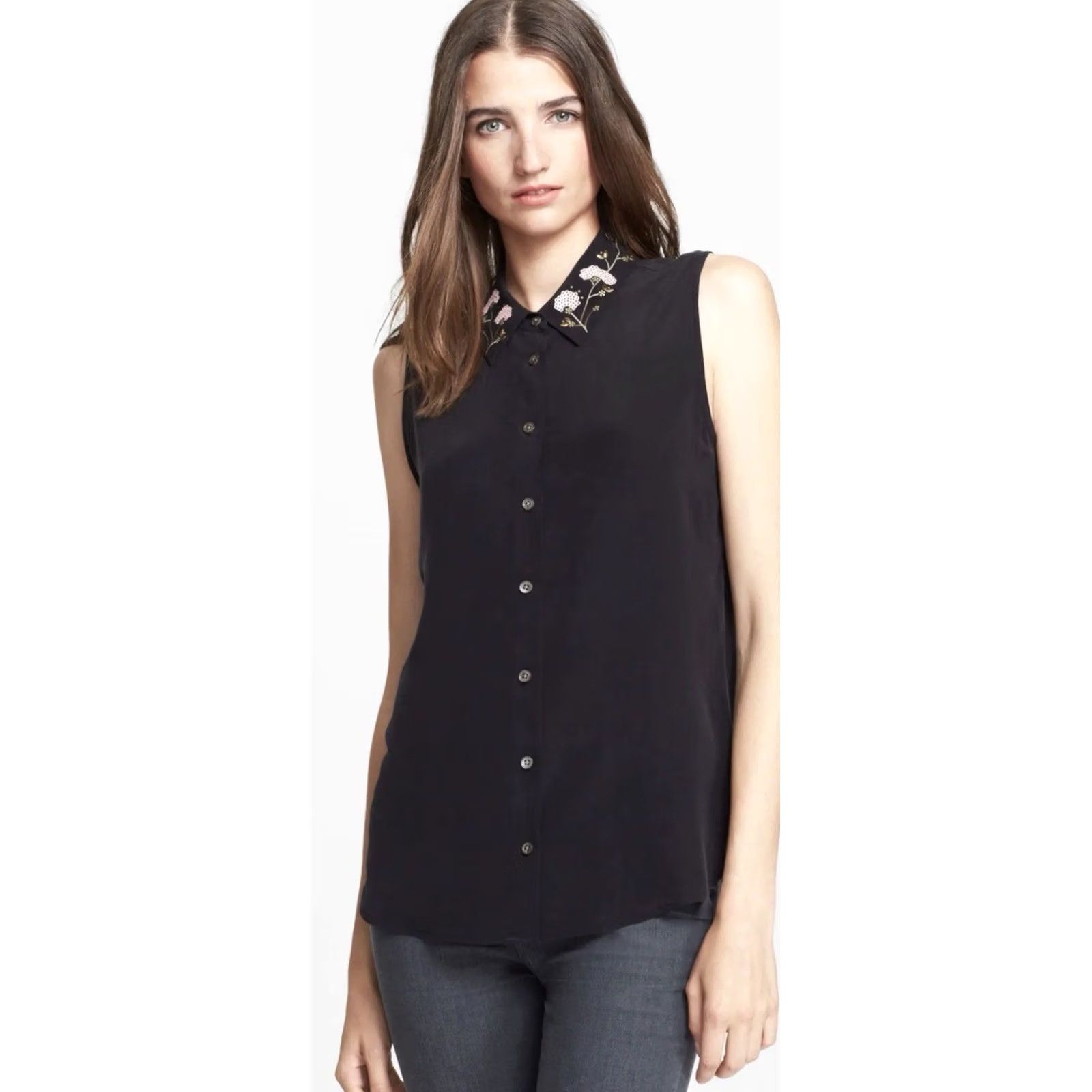 Equipment Equipment Femme Blouse Sleeveless Silk Button Front Embroidered Collar Black S Adult Womens Size S / US 4 / IT 40 - 2 Thumbnail