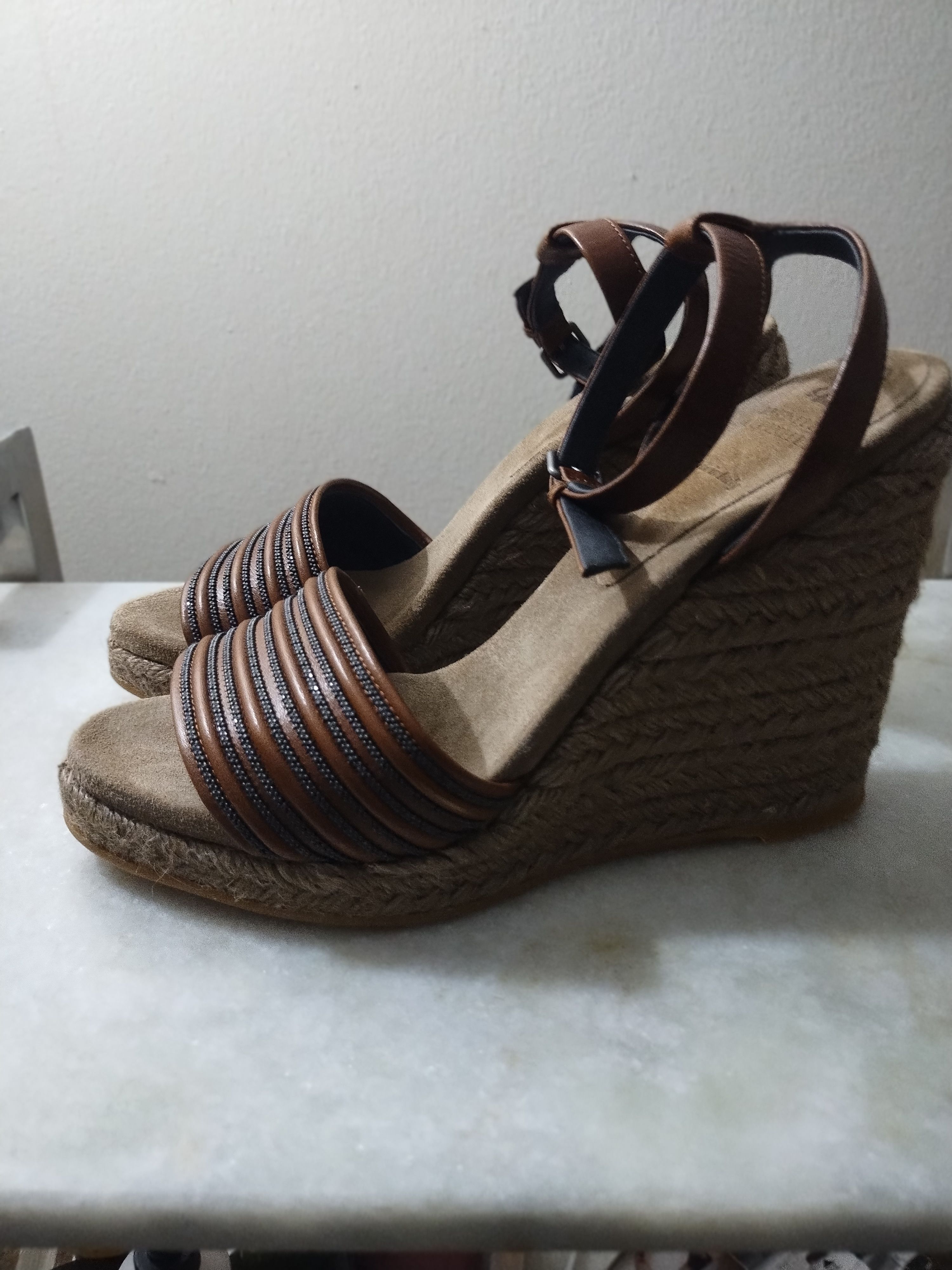 Brunello Cucinelli Monili Leather Espadrille Wedge Sandals Size US 9 / IT 39 - 3 Thumbnail