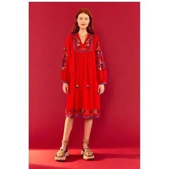 image of Farm Rio Red Embroidered Midi Dress Xs New 251786, Women's