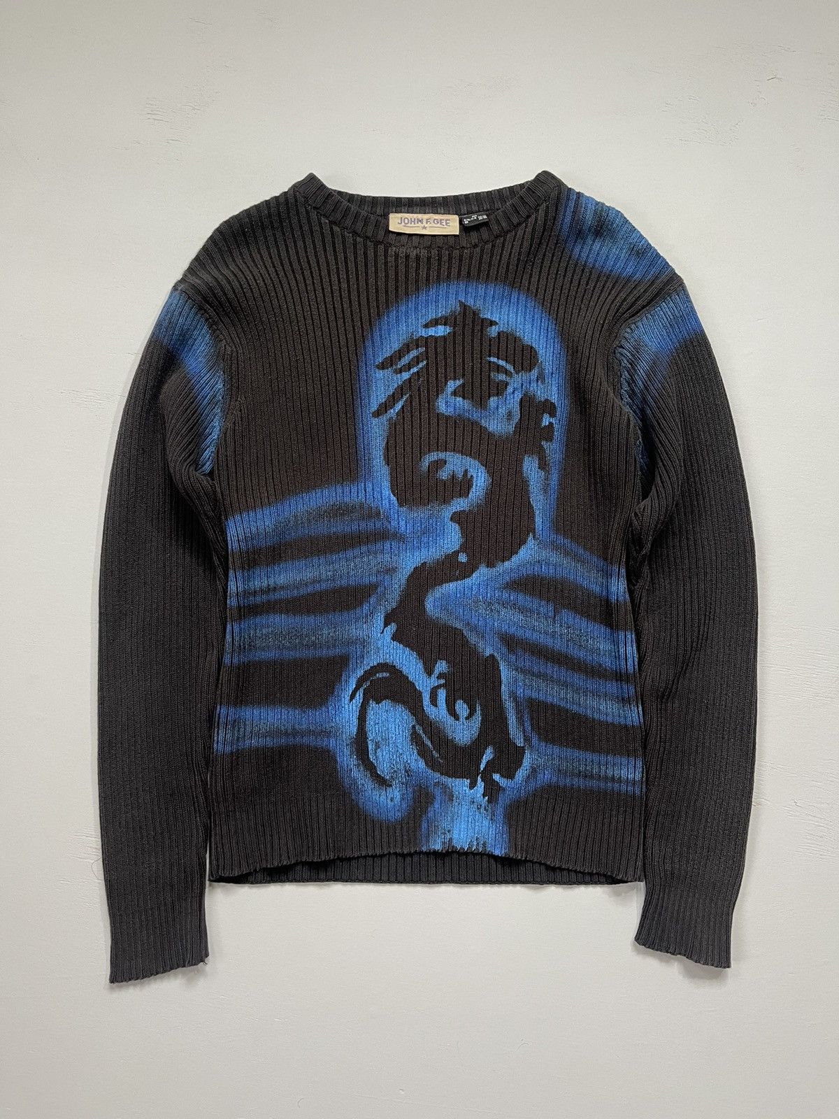 Japanese Brand Faded Dirty Y2K Dragon Japan Style Thrashed Ribbed Sweater Size US M / EU 48-50 / 2 - 1 Thumbnail