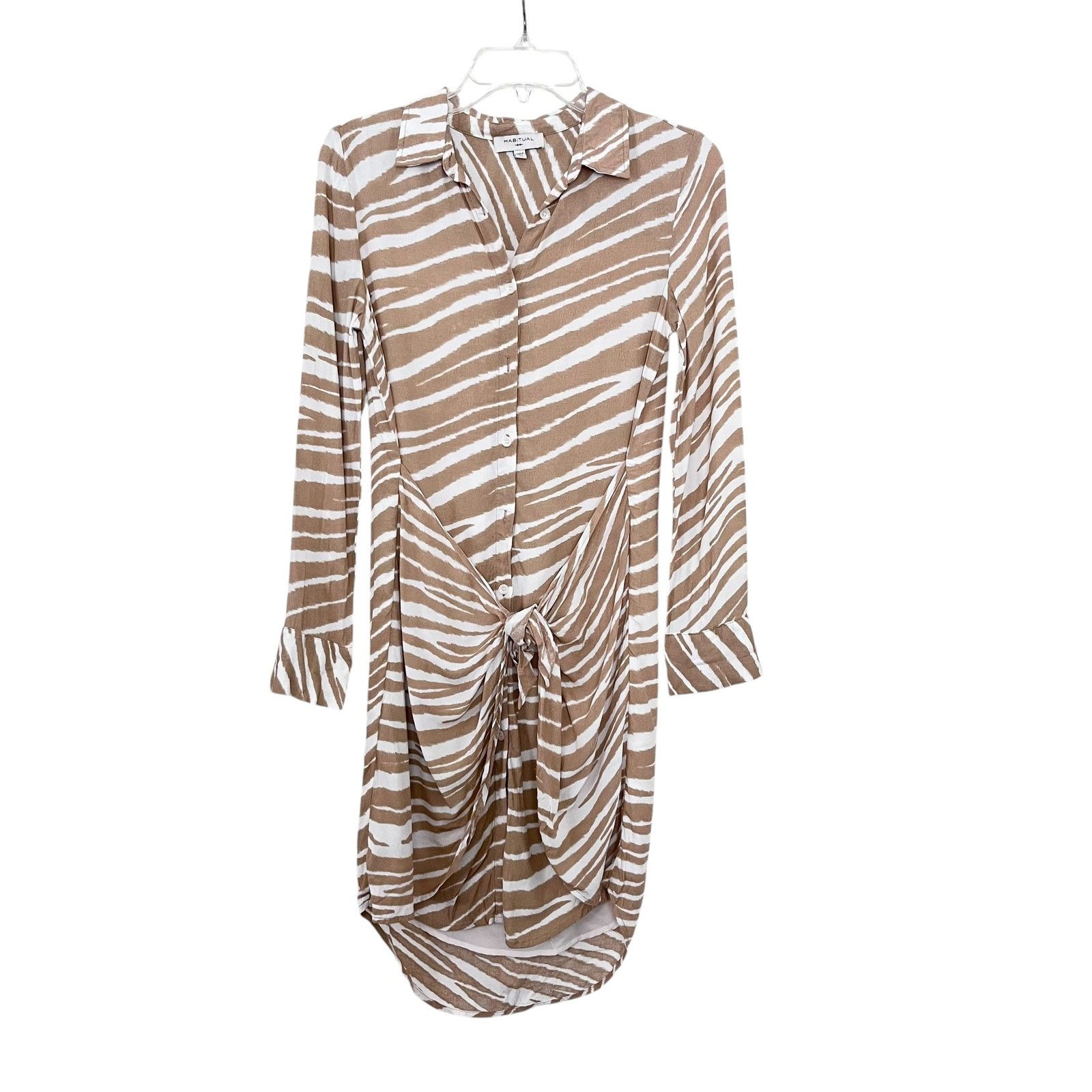 Other Habitual Talia Gardenia Zebra Beige Tie Waist Shirt Dress Size XS / US 0-2 / IT 36-38 - 2 Thumbnail