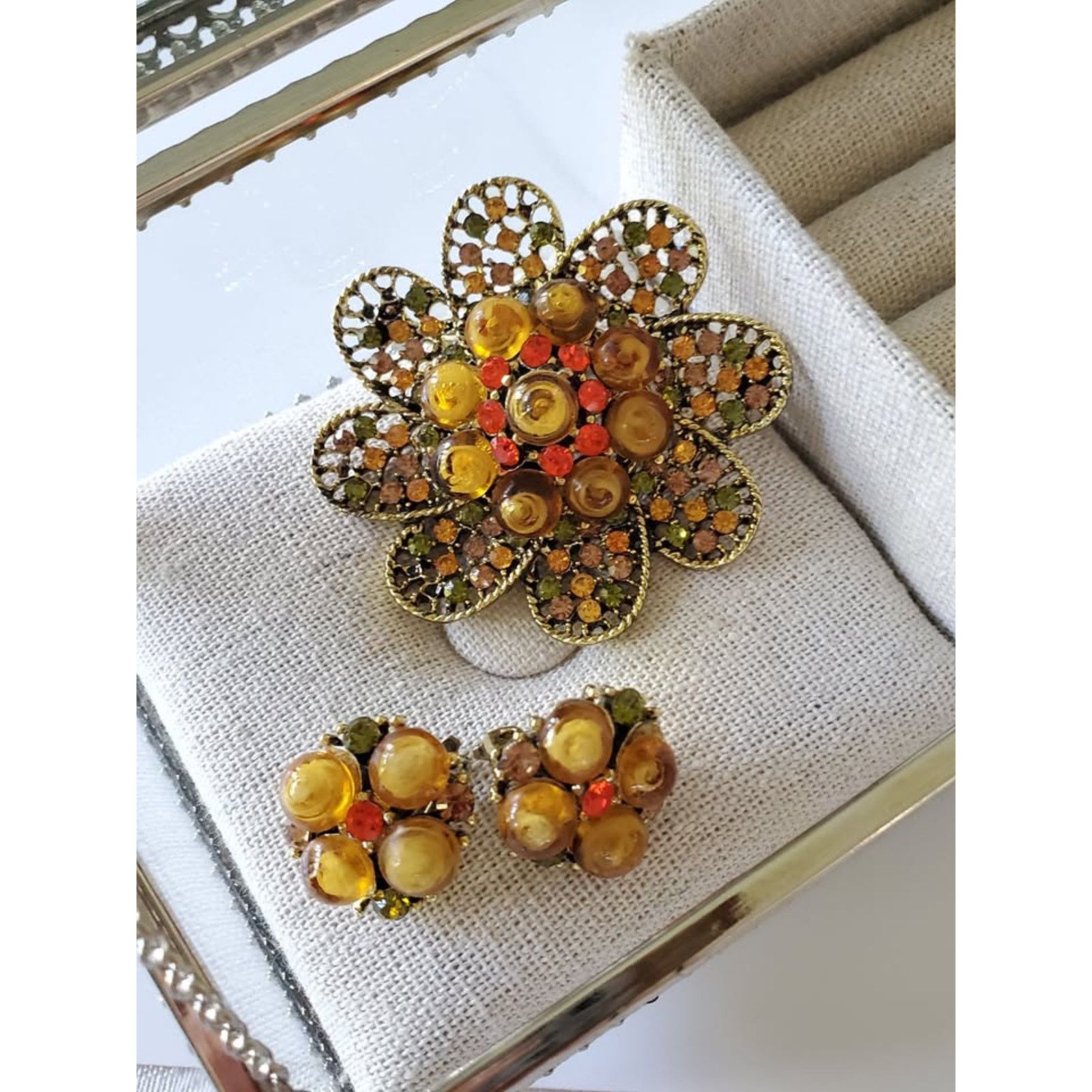 Other Vintage Orange and Yellow Bead Filigree Brooch & Earring Set Size ONE SIZE - 1 Thumbnail