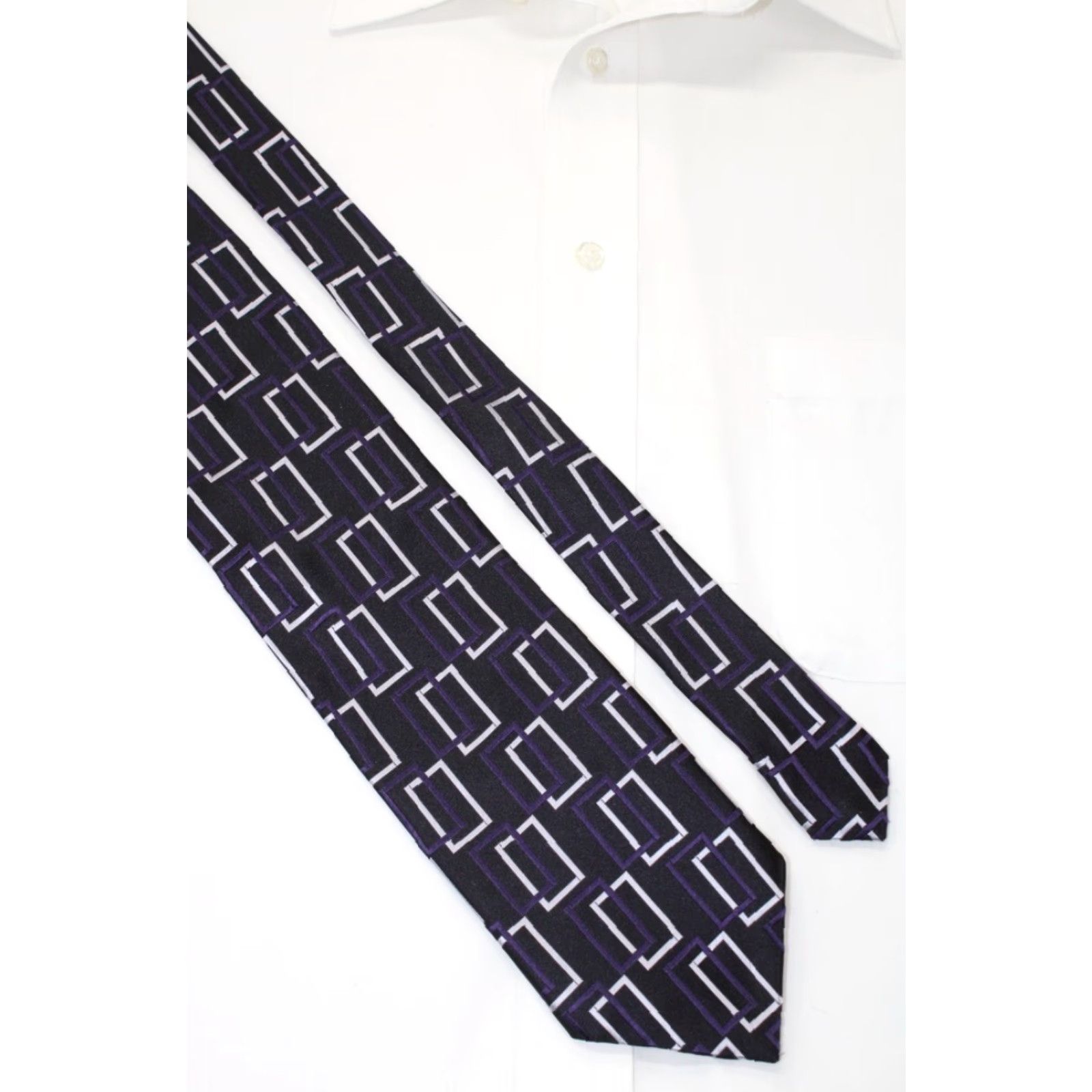 Etro Roberto Villini Couture Mens Silk Tie Black Retro Geometric Rectangles Necktie - 58.5" X 4" Size ONE SIZE - 4 Thumbnail