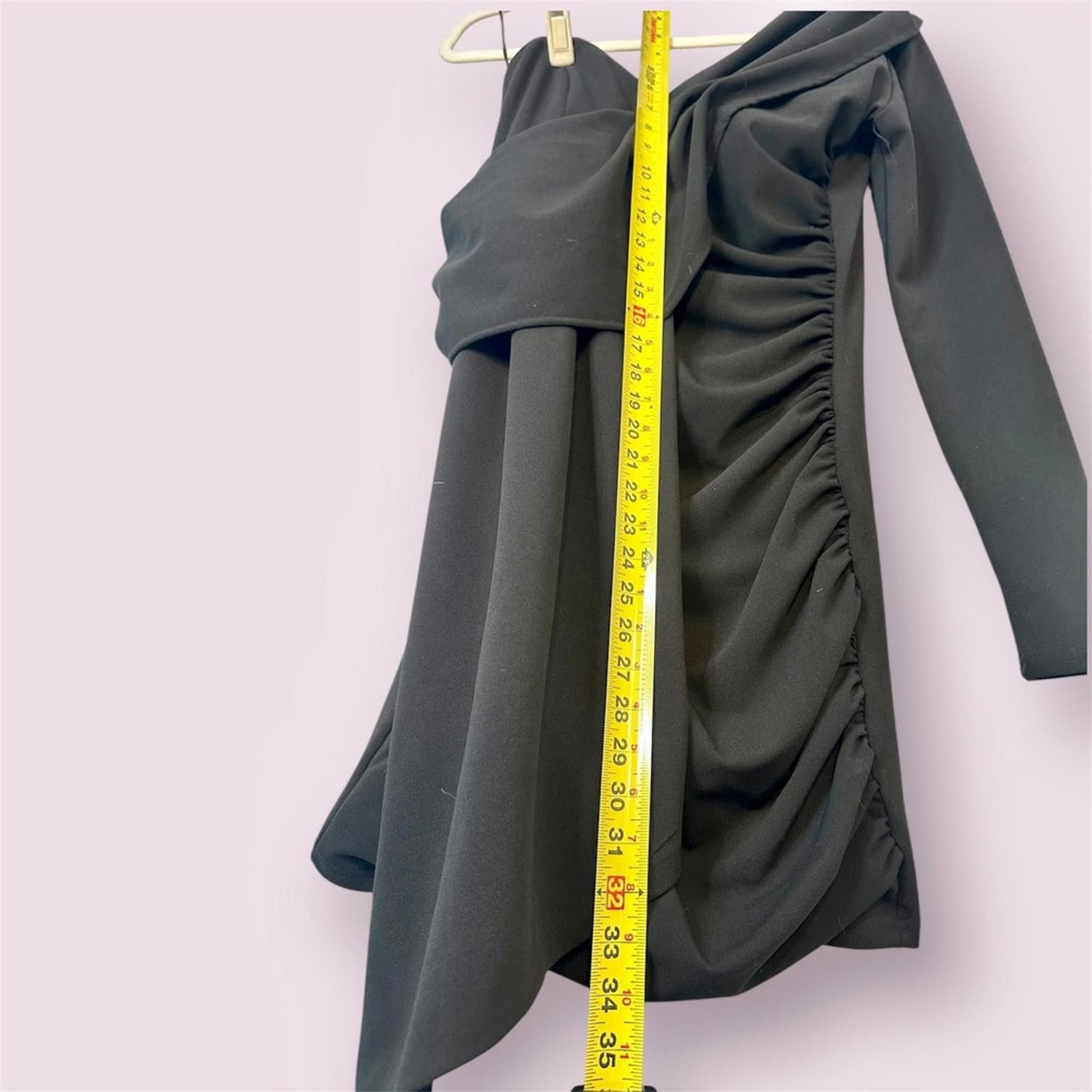 Designer One Shoulder Mini Dress Ruched Bodycon Cocktail Party Black Size M / US 6-8 / IT 42-44 - 5 Thumbnail