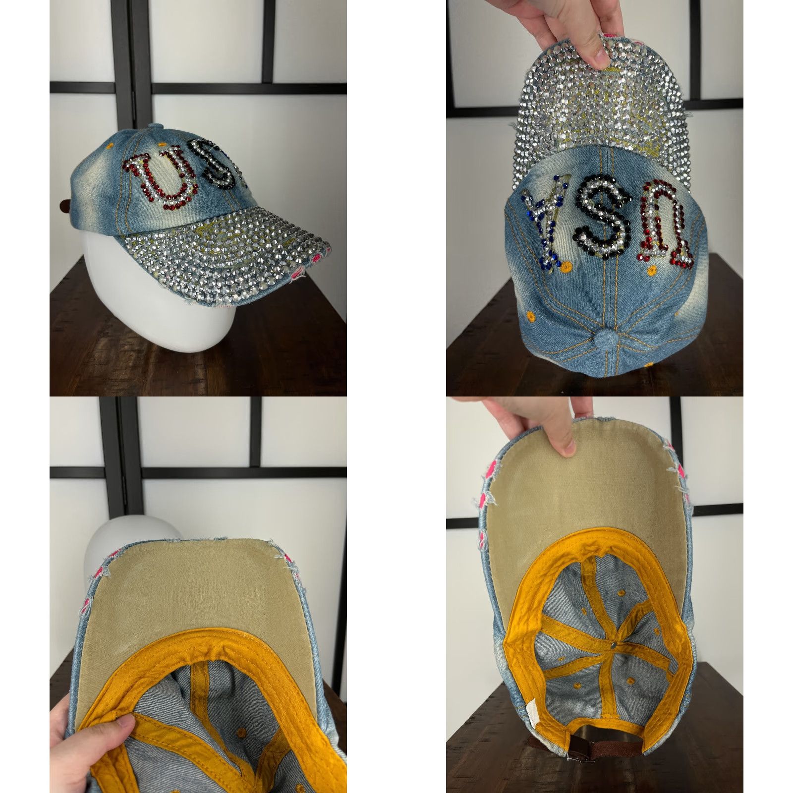 Vintage USA Hat Cap Strap Back Womens One Size Blue Bling Jeweled 100% Cotton Distressed Baseball Cap Size ONE SIZE - 8 Thumbnail