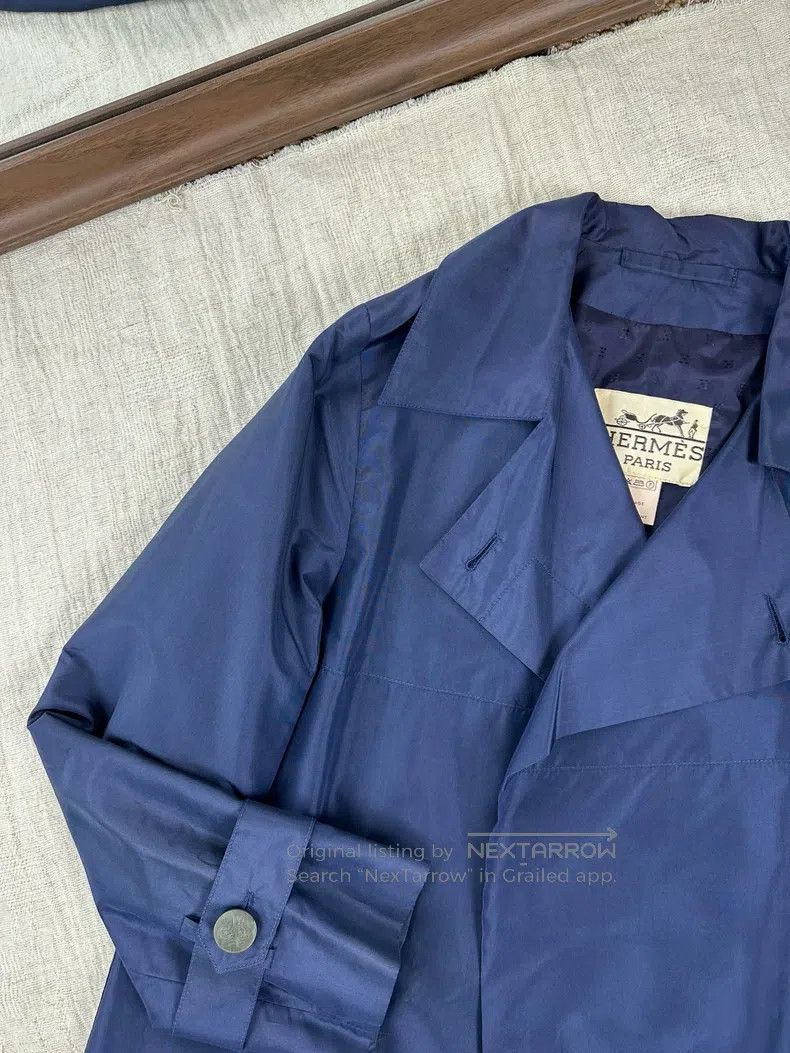Hermes Hermes Vintage Silk Tie Belt Long Coat Jacket - Dark Blue Size S / US 4 / IT 40 - 6 Thumbnail