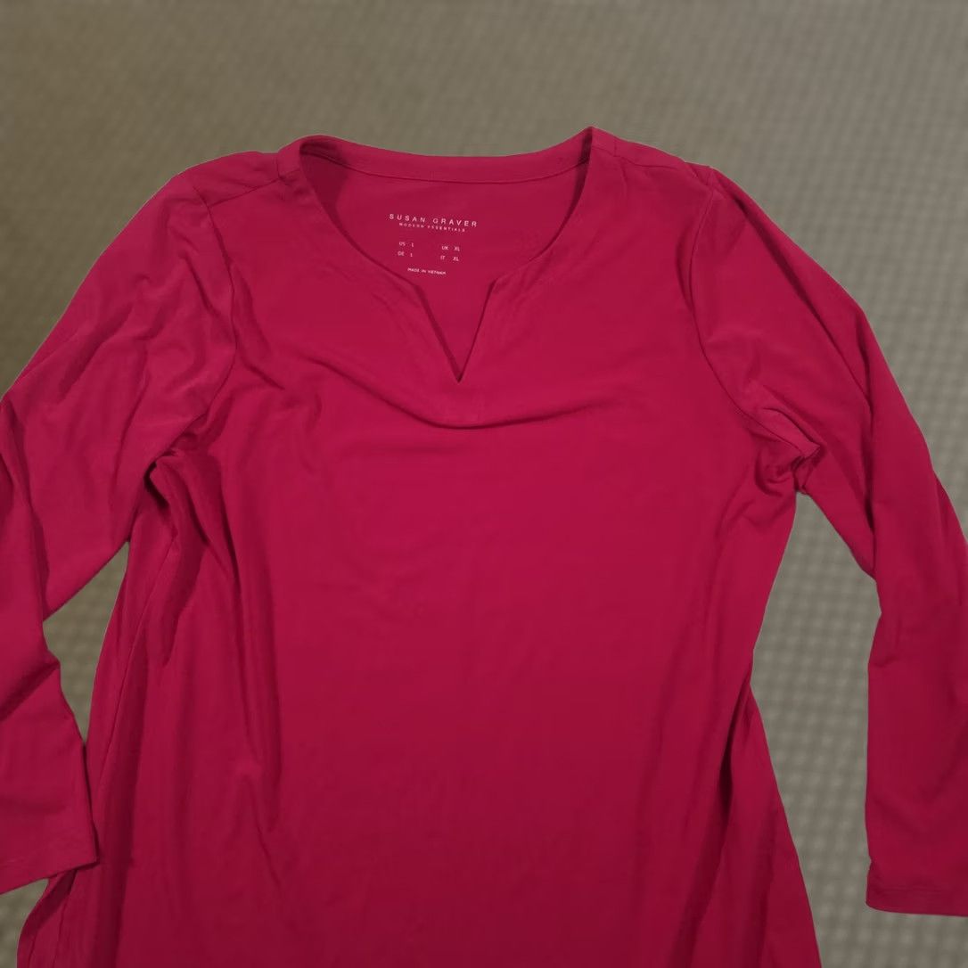 Vintage Susan Graver Shirt Womens L Pink V-Neck Long Sleeve Tunic Top Stretch Regular Tunic Casual Mens Womens Boys Girls? Size L / US 10 / IT 46 - 1 Thumbnail