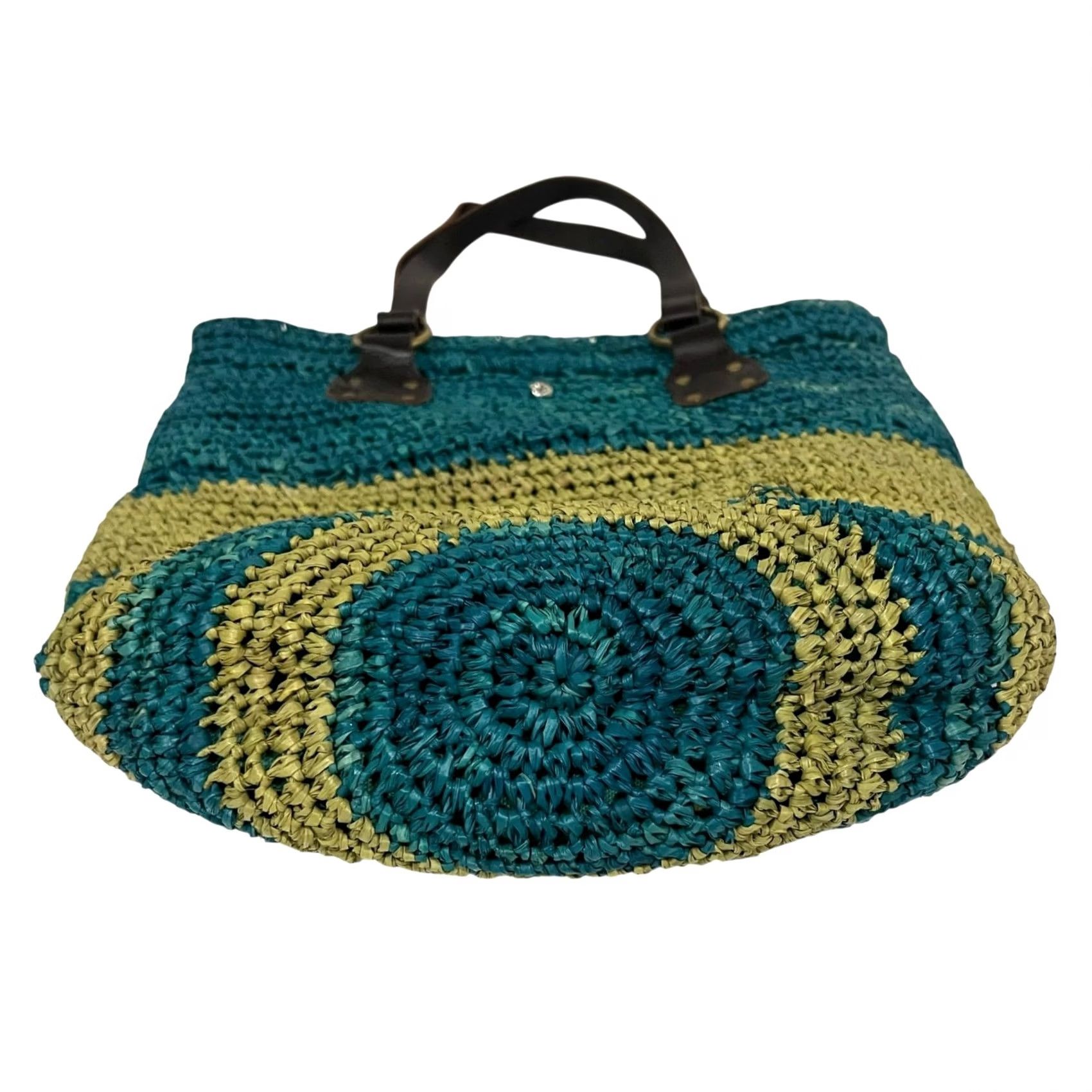 Vintage Flora Bella Raffia Straw Crochet Beach Market Bag Purse Tote Shoulder Bag Blue Leather Straps Women Size ONE SIZE - 7 Thumbnail
