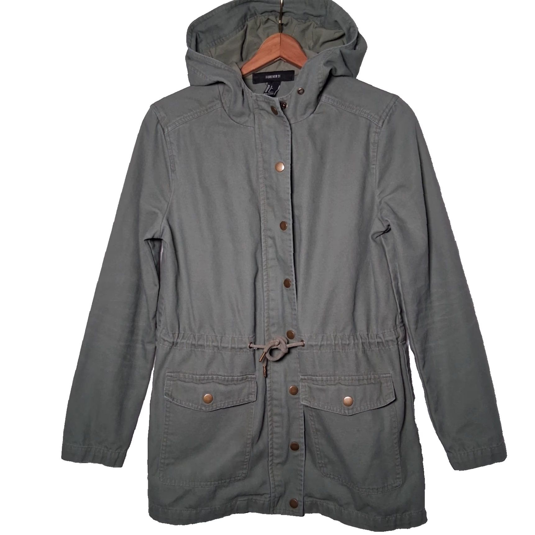 Forever 21 FOREVER 21 Utility Field Jacket Women S Army Green Lightweight Cargo Military Jacket with Pockets Hood Drawstring Waist Canvas Cotton Blend Size S / US 4 / IT 40 - 2 Thumbnail
