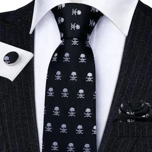 Japanese Brand White Skull Pattern Black Neck Tie Set Mens Size ONE SIZE - 1 Thumbnail