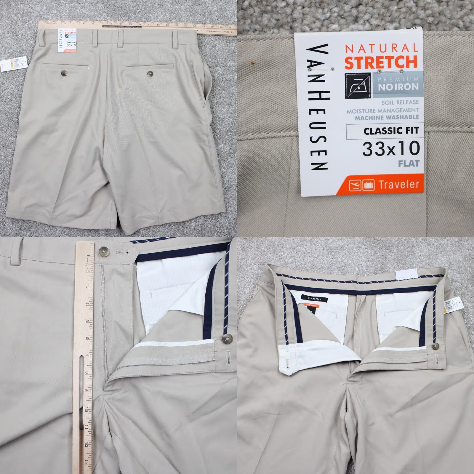 Van Heusen Van Heusen Men's 33 Beige 10" Traveler Stretch Classic Fit No Iron Flat Front Shorts NWT Casual Chino Pocket Logo Button Zipper Cotton Canvas Size US 33 - 8 Thumbnail