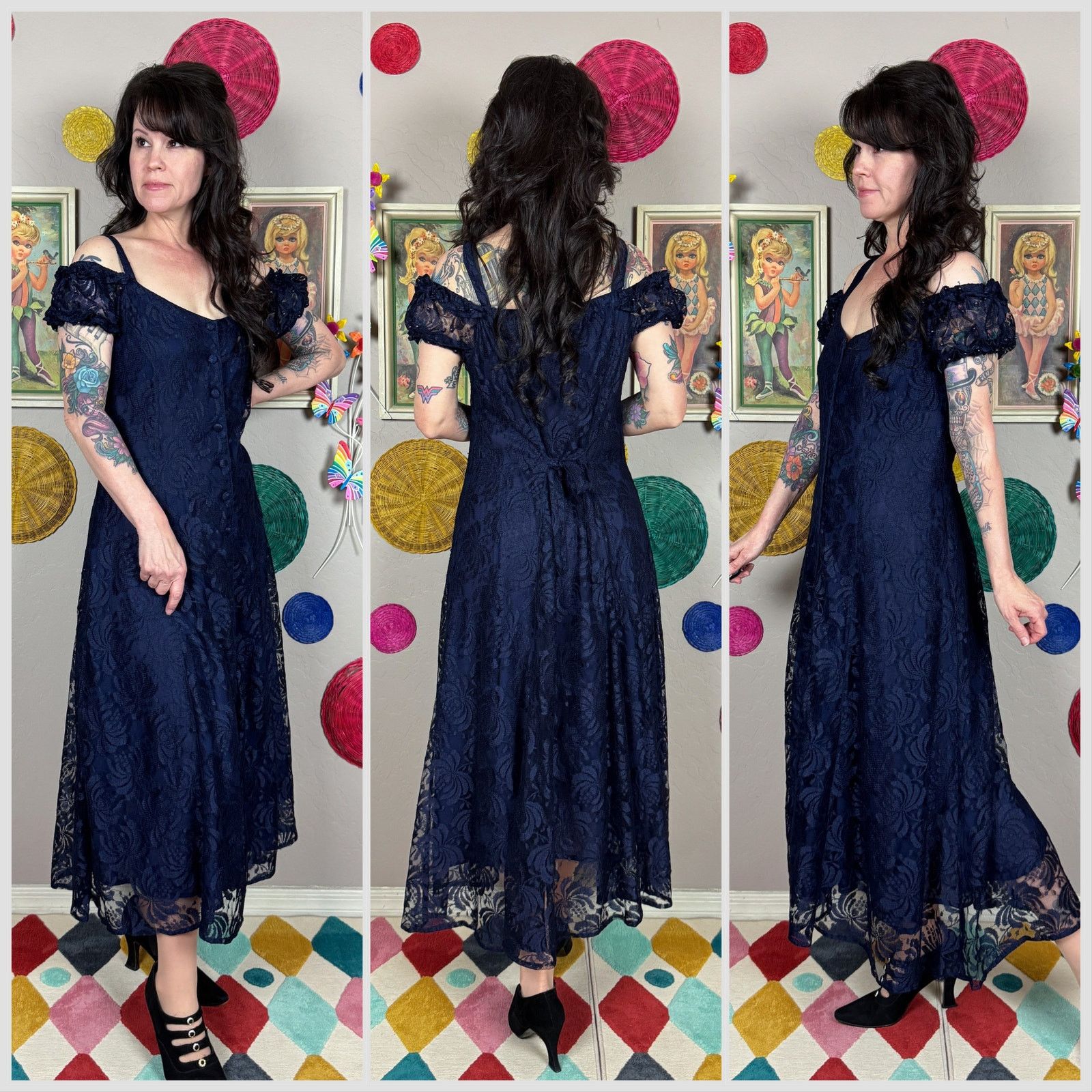 Vintage 1990s Midnight Blue Lace Off The Shoulder Button Front Dress Size M / US 6-8 / IT 42-44 - 2 Thumbnail