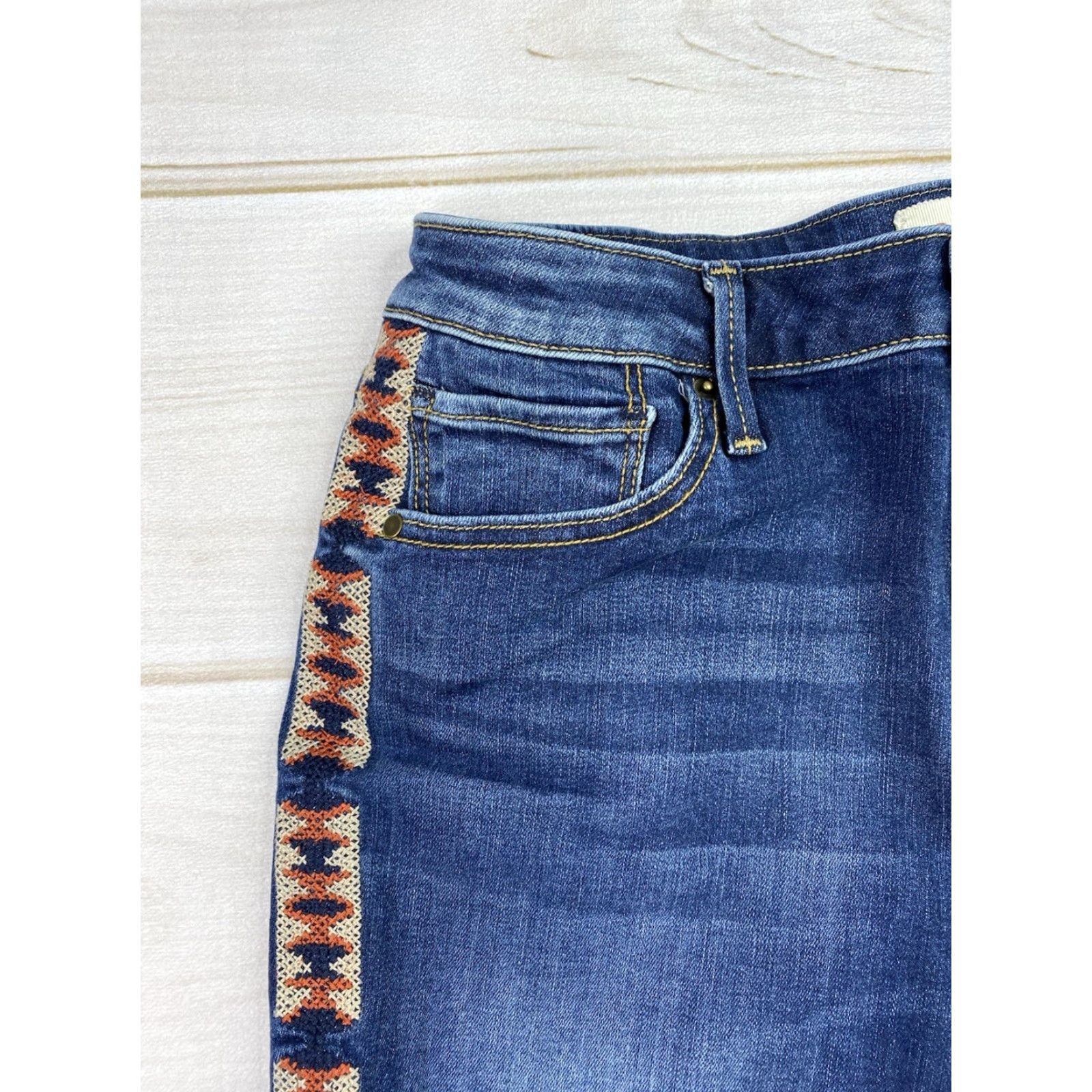 Vintage Driftwood Jackie High Rise Jeans Womens 29 Aztec Embroidered Skinny Stretch Denim Jeans Blue Geometric Bohemian 90s style Womens Size 29" - 2 Thumbnail
