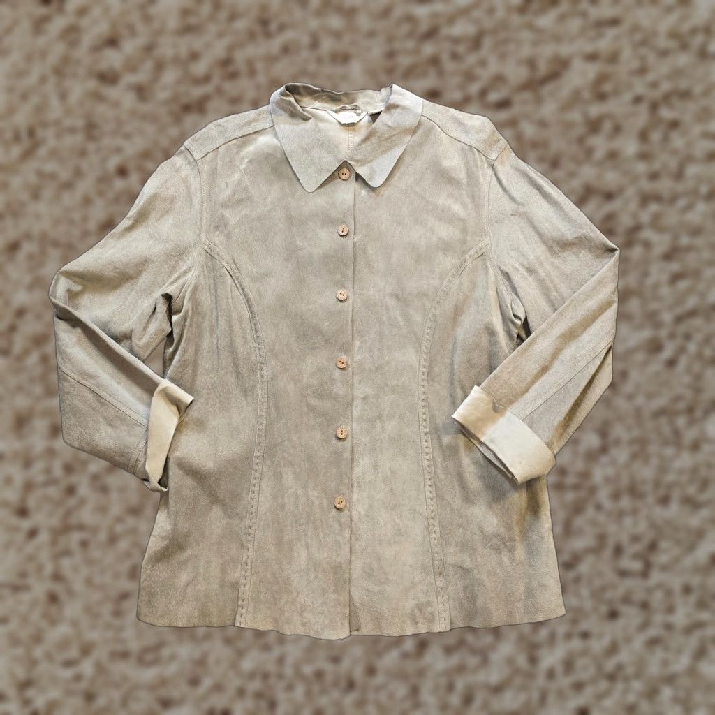 J. Jill VINTAGE J. Jill Blouse Shirt Womens Size L Gray Green Suede Leather Button Long Sleeve Classic Collar Size L / US 10 / IT 46 - 1 Thumbnail