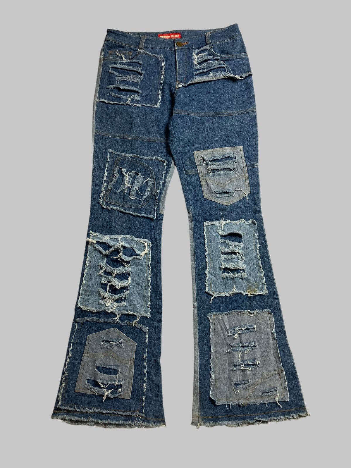 Japanese Brand DONNA MENA Flared Jeans Patchwork Distressed Two Tone RARE💥 Size US 29 - 2 Thumbnail