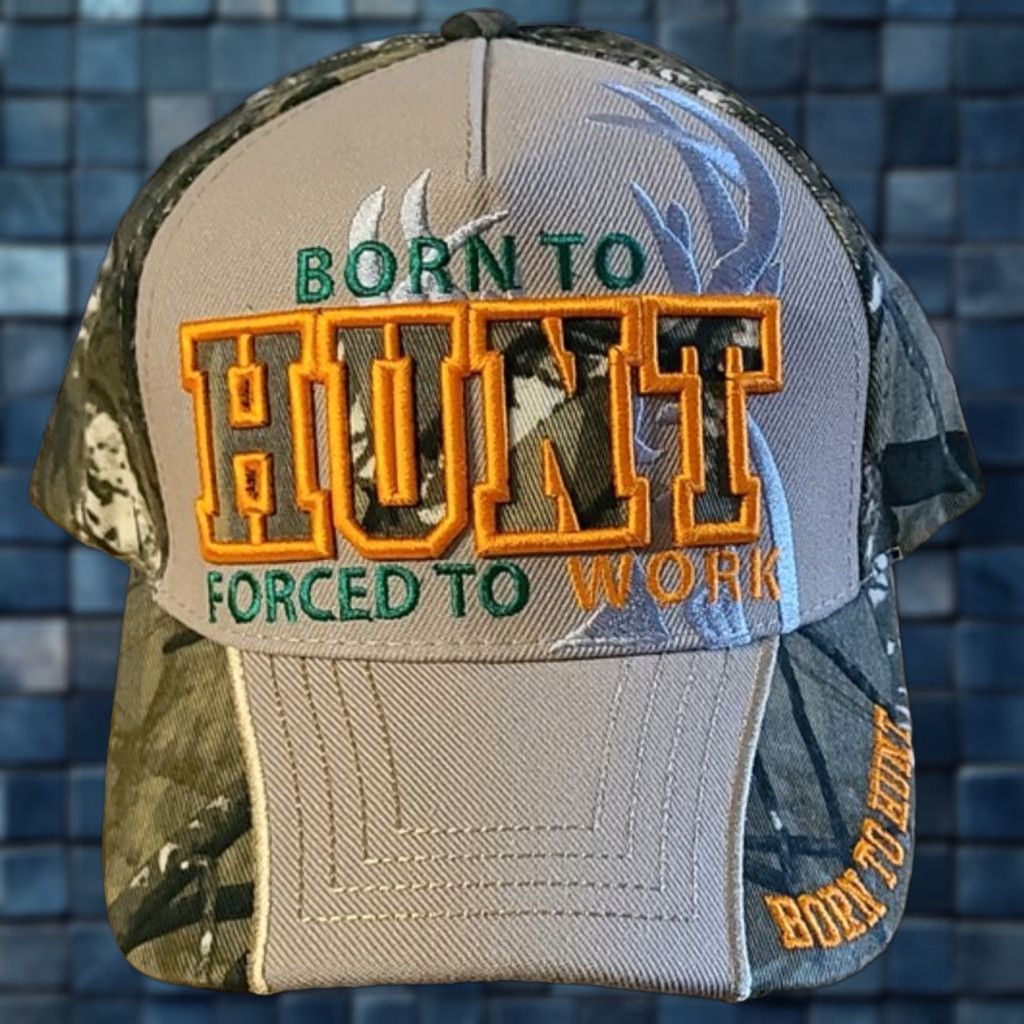 Born BORN TO HUNT FORCED TO WORK DEER HUNTER BASEBALL CAP ( BEIGE AND CAMOUFLAGE ) Size ONE SIZE - 1 Thumbnail
