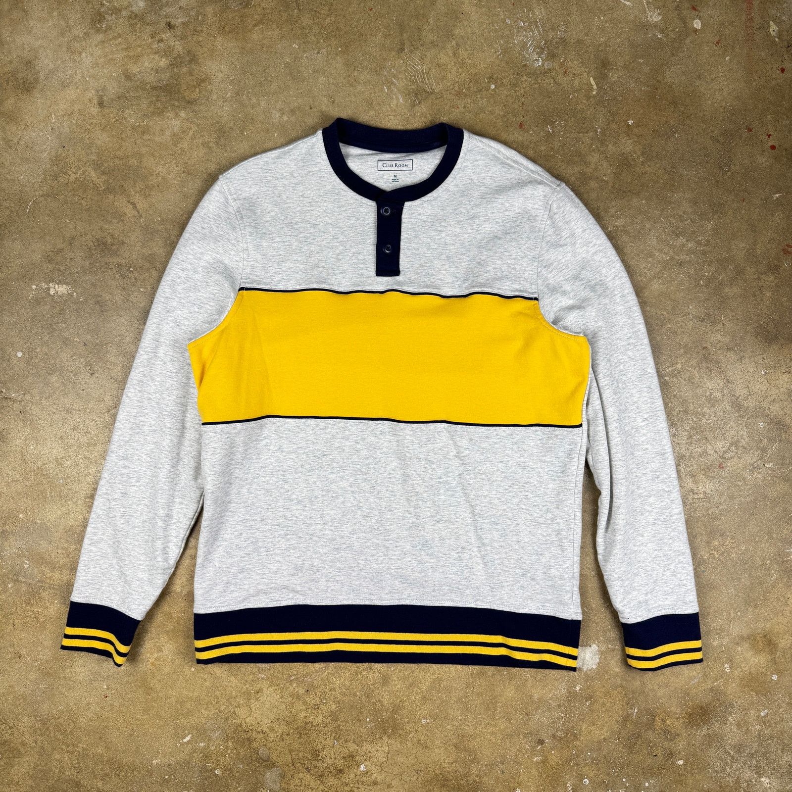 Club Room Henley Sweatshirt Men’s M Gray Navy Yellow Striped Retro Size US M / EU 48-50 / 2 - 1 Thumbnail