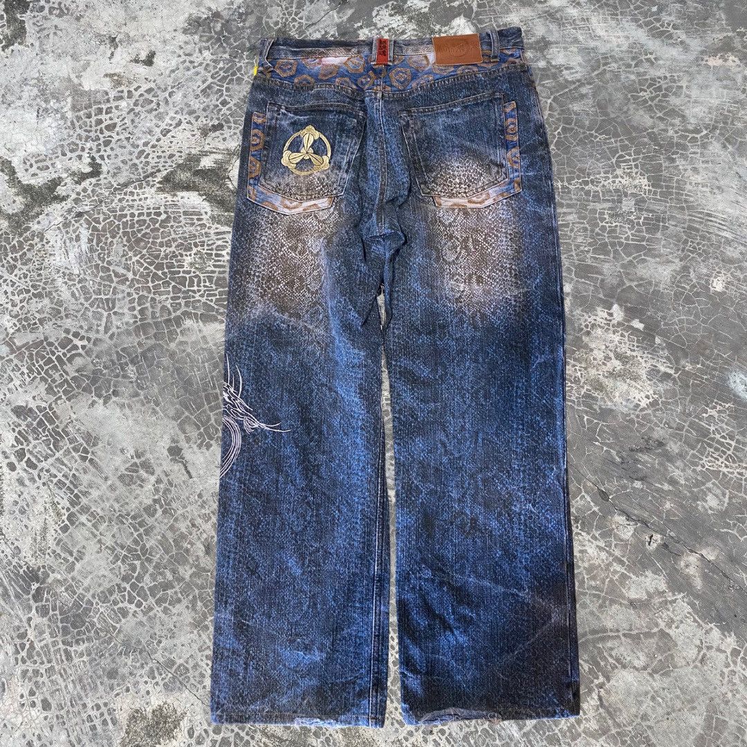 Japanese Brand Karakuri Tamashi Double Dragon Fight Embroidered Baggy Jeans Size US 34 / EU 50 - 4 Thumbnail