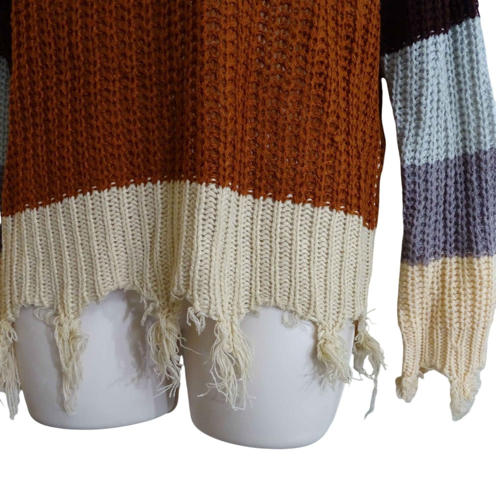 Other Runway 7 Striped Knit Sweater Brown Tan Frayed V-Neck Size M Size M / US 6-8 / IT 42-44 - 3 Thumbnail