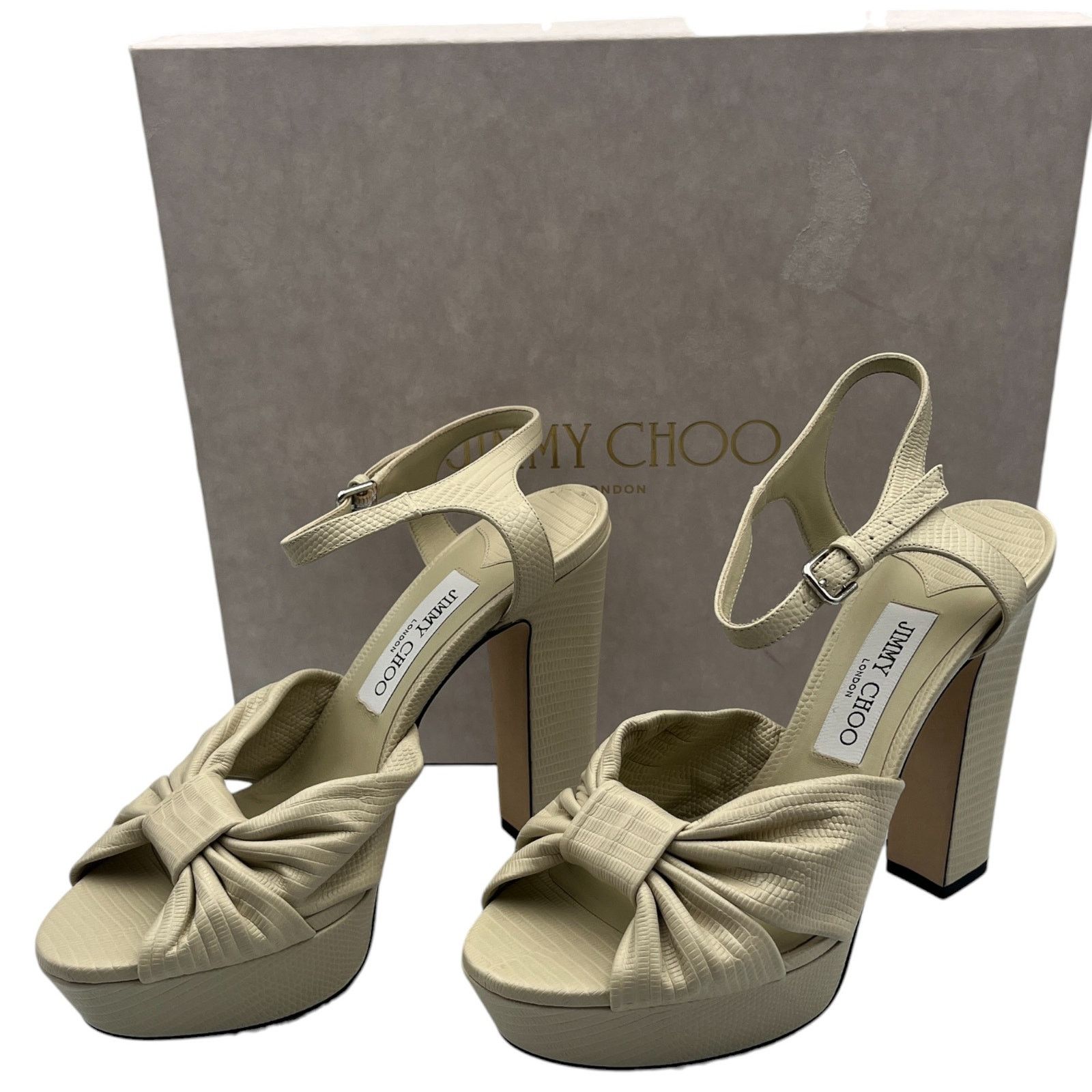 Jimmy Choo Heloise 120 Lizard Block Heel Shoes Platform Sandals 9 in White, Women's