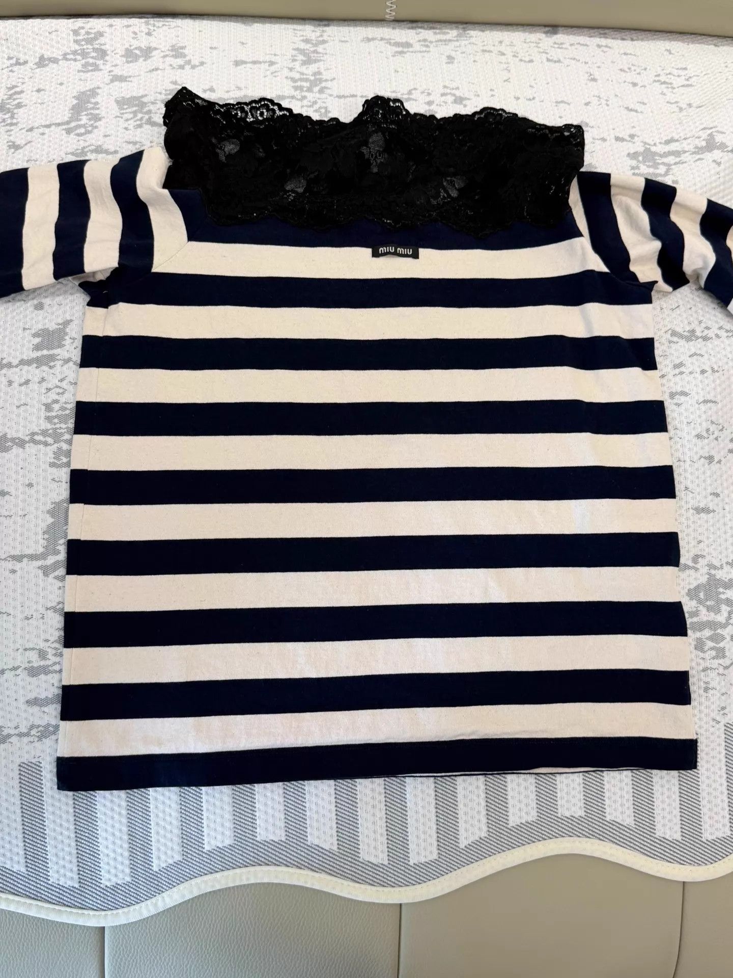 Miu Miu MIU MIU Lace-Paneled Striped Knit Off-Shoulder Top S Size S / US 4 / IT 40 - 3 Thumbnail