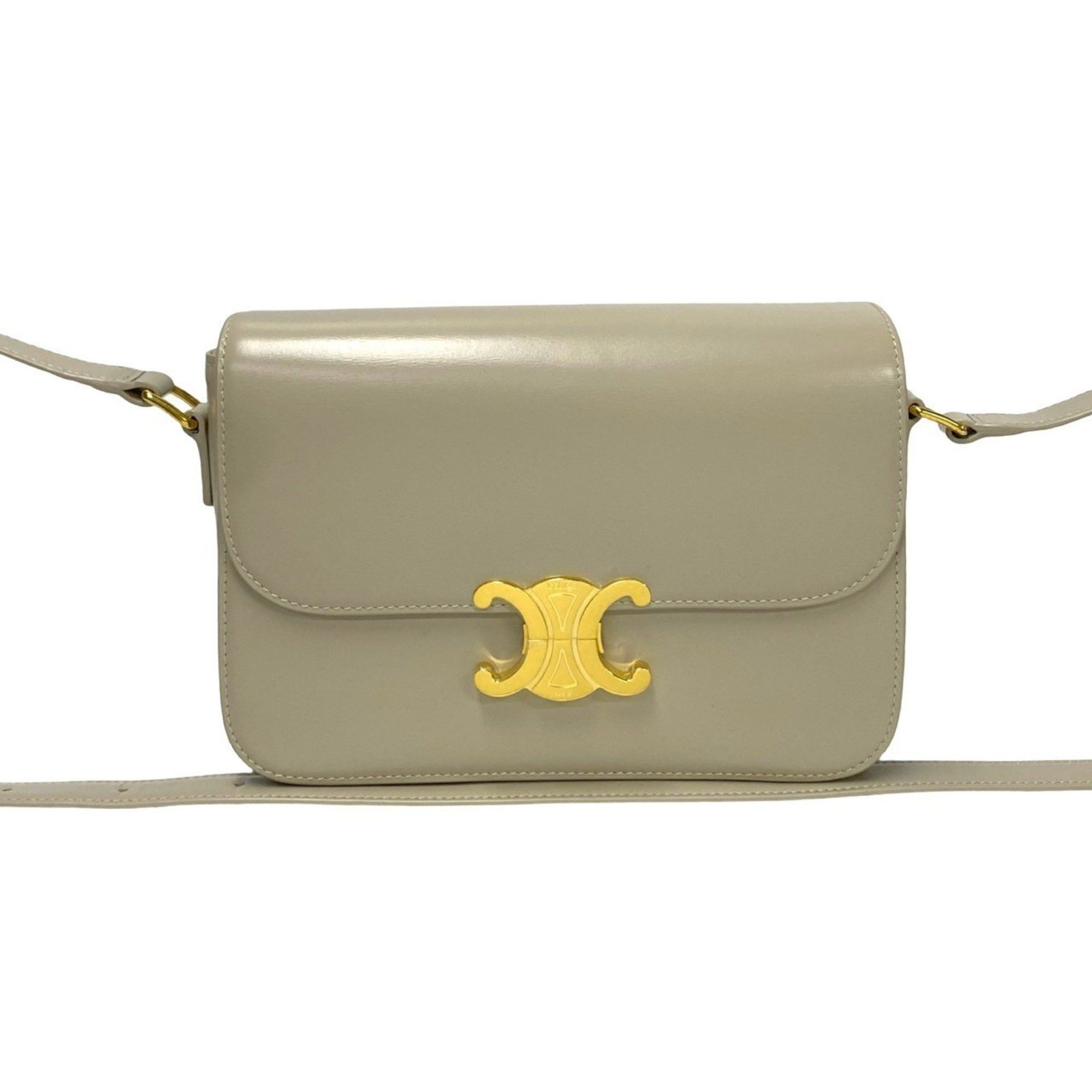 CELINE Classic Triomphe Calfskin Leather Shoulder Bag/Pochette/Sacoche, Beige, 98102