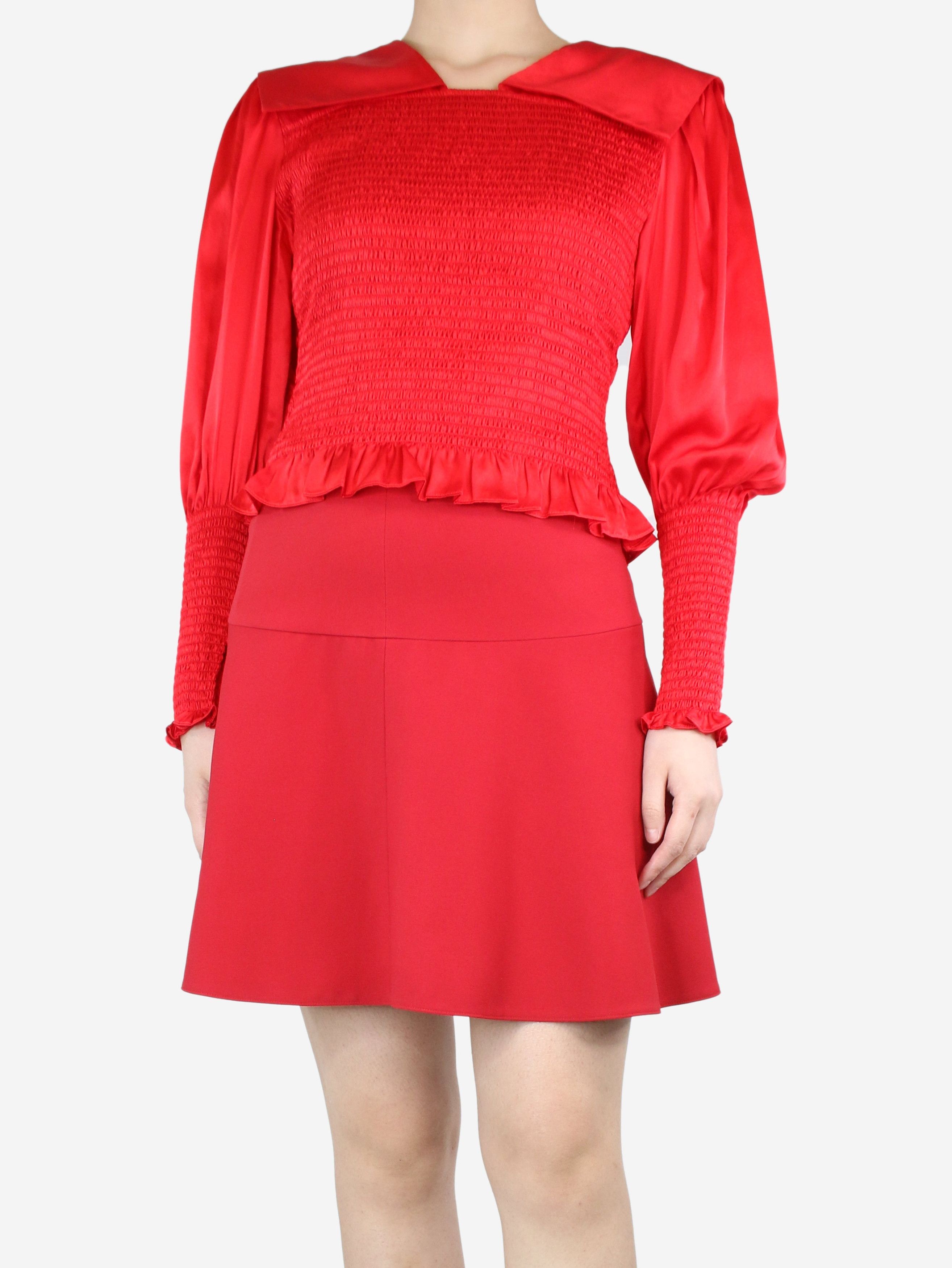 Red Vincent ruffle-trimmed shirred silk-satin blouse - size
