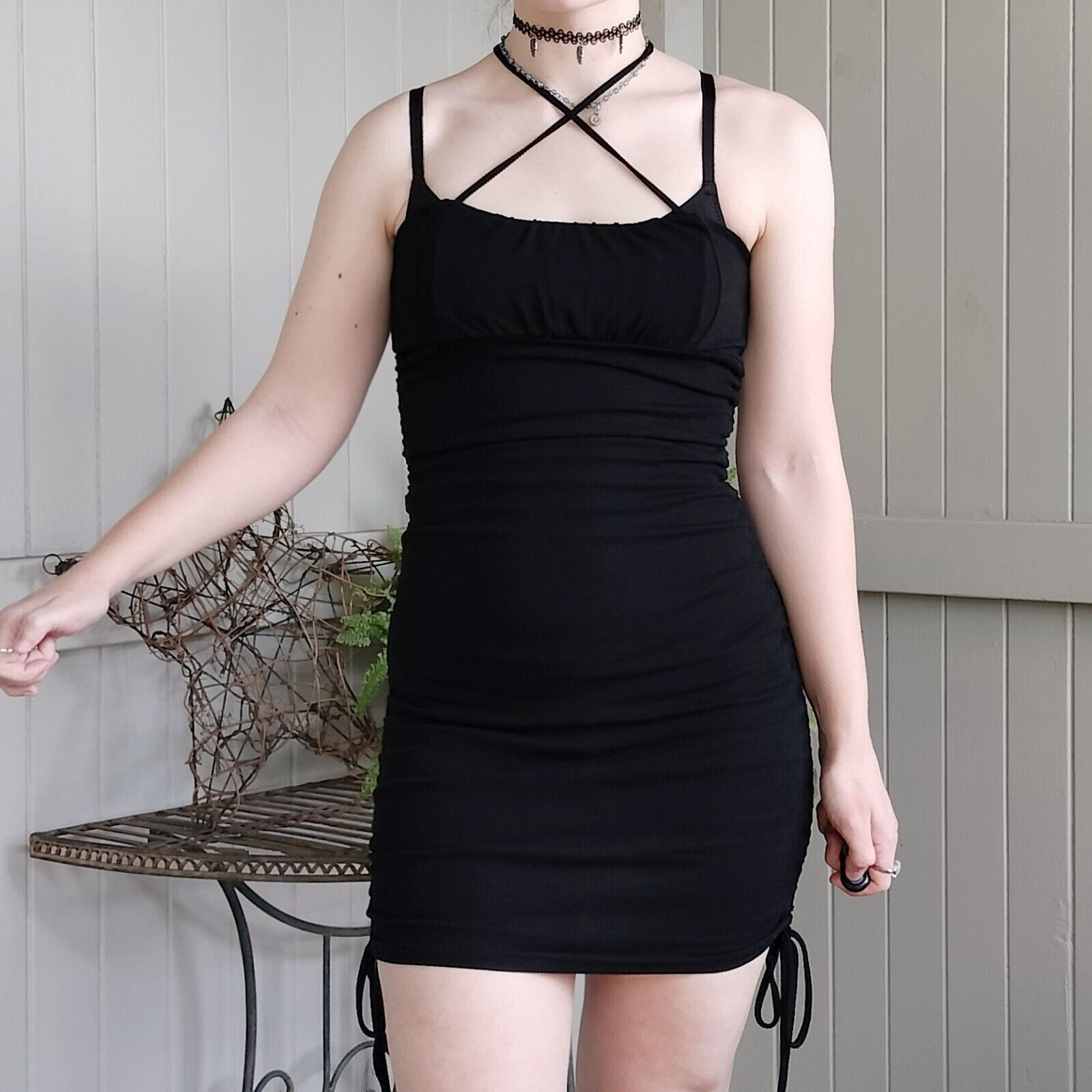 Designer Ally Dress Mini Bodycon Ruched LBD Party Evening Fairy Goth Size M / US 6-8 / IT 42-44 - 4 Thumbnail