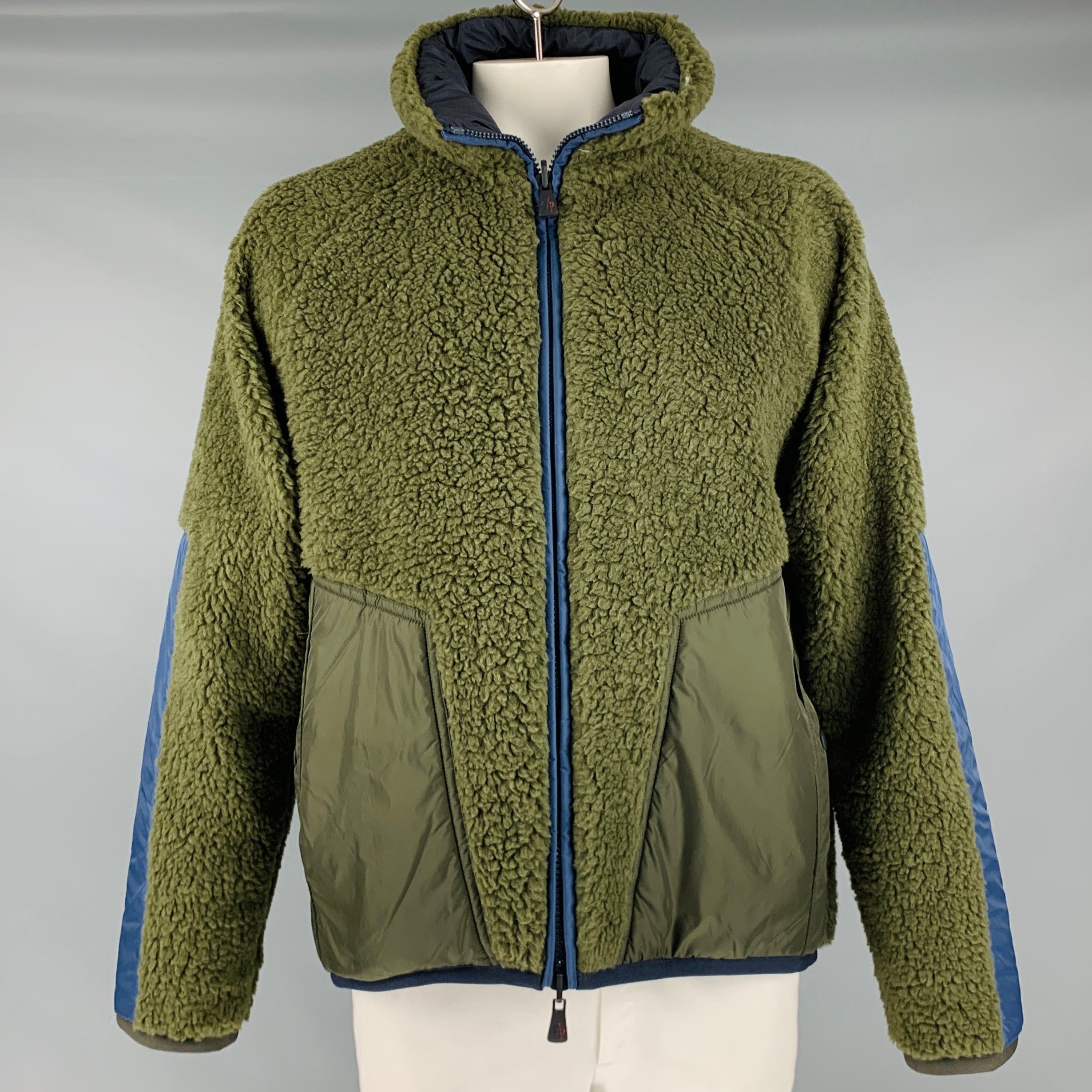 image of Moncler Grenoble Green Navy Fleece Zip Up Jacket in Olive, Men's (Size 2XL)